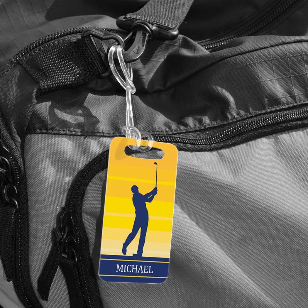 ChalkTalkSPORTS Golf Luggage & Bag Tag | Personalized Male Golfer | Standard Lines on Back | Small | Yellow