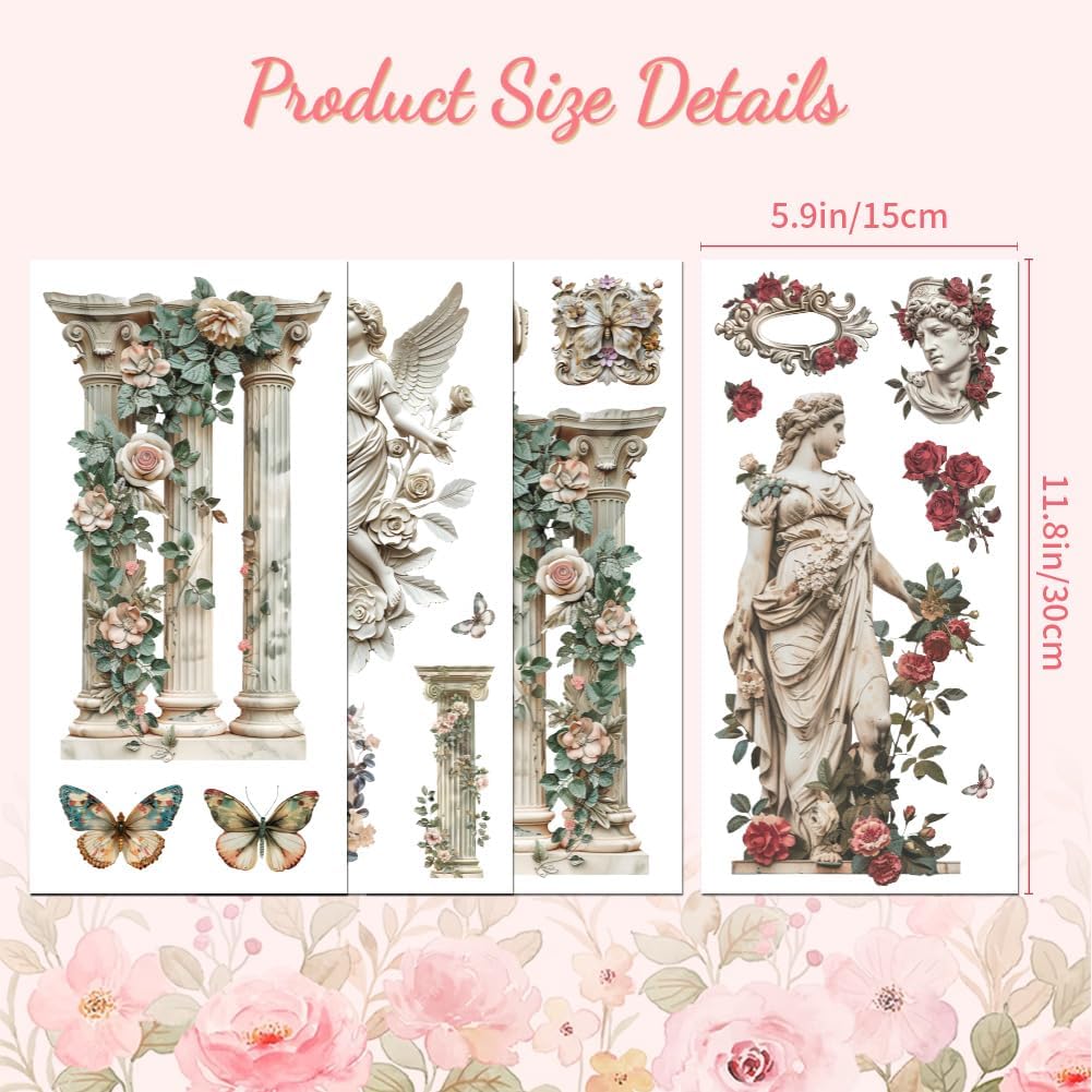 Peacoblue Rub on Transfer Decals for Furniture Crafts 6"x12", 4Pcs Roman Statue Waterproof UV DTF Transfer Decals Sticker for Dresser Lingerie Chests Drawer Glass Porcelain Wood Wall