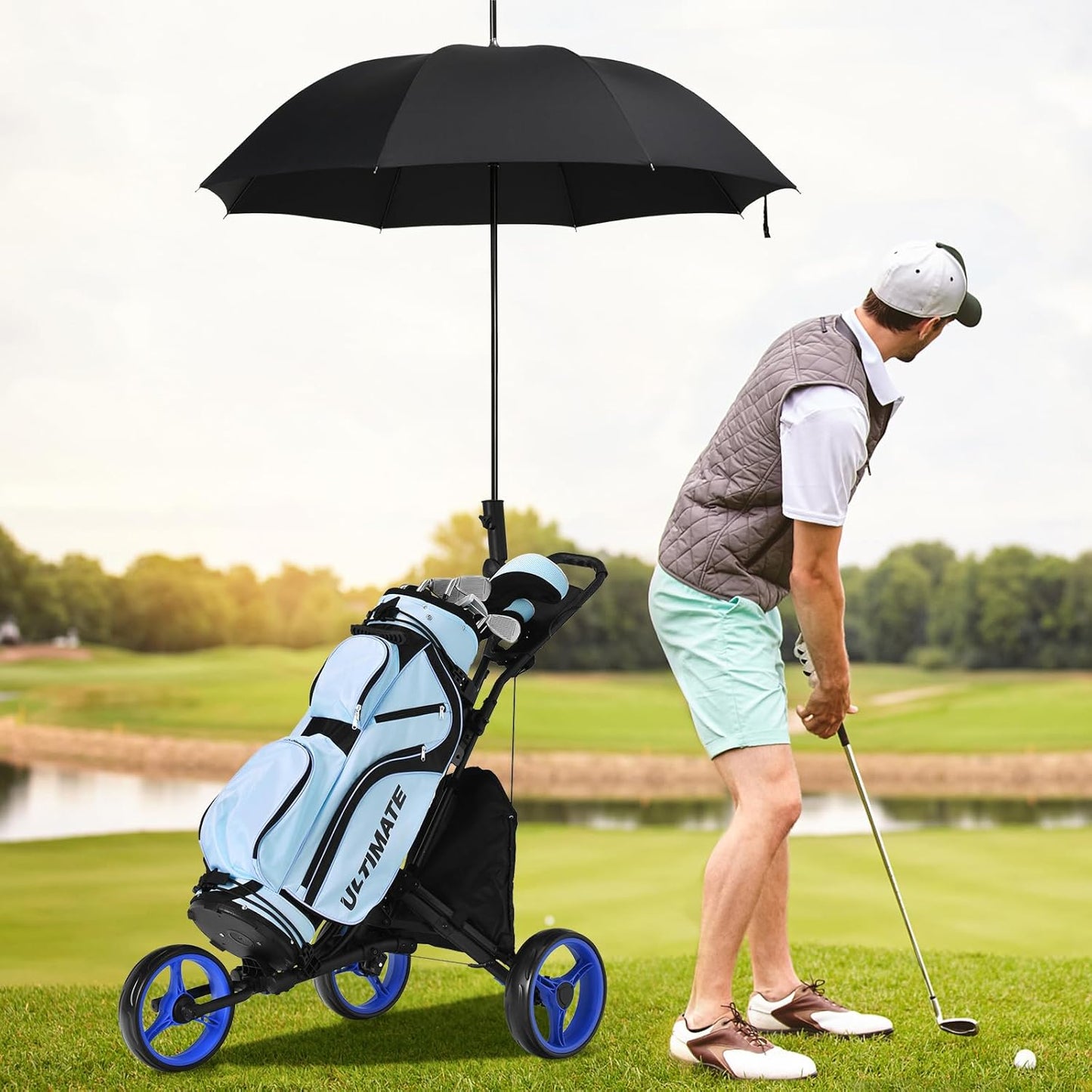 ULTIMATE 3 Wheel Golf Push Cart, Aluminum Folding Golf Walking Push Cart w/Elastic Strap, Umbrella & Cup Holder, Scoreboard Storage, Insulated Storage Bag, Adjustable Handle & Foot Brake