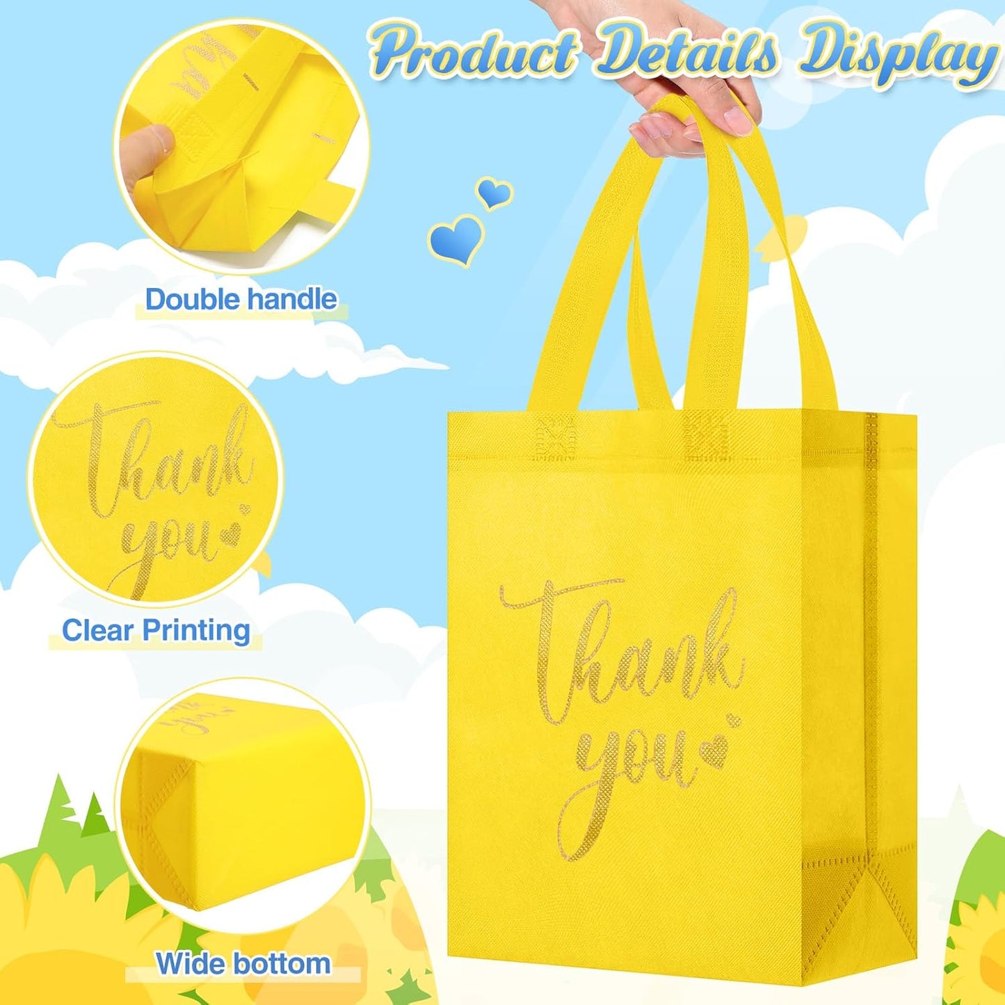 Sweetude 30 Pcs Thank You Gift Bags with Handles Bulk Reusable Goodie Bag Non Woven Foldable Handbag for Graduation Wedding Bridesmaid Gifts(10 x 8 x 4 Inch,Yellow)