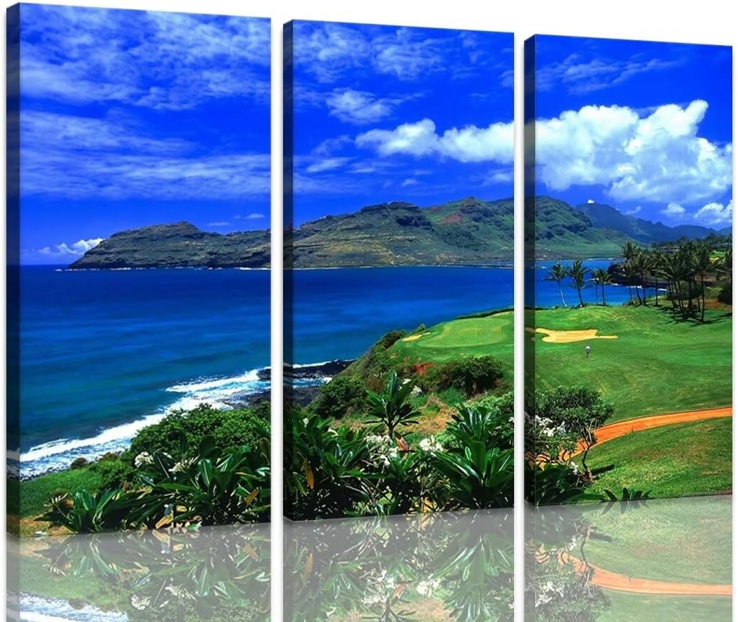 chenchenArt Lagoons Golf Course Wall Art for Living Room Bedroom Home Decorations Golf Course Pictures Posters Canvas Prints Modern Artwork Framed Ready to Hang(20''W x 40''H x3)