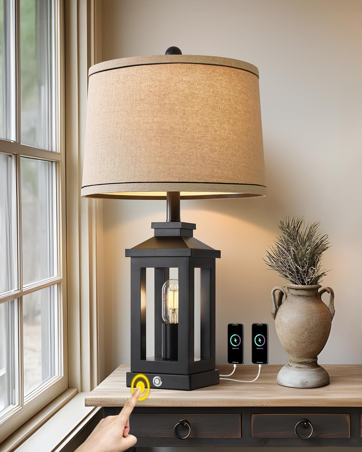 23.75" Retro Farmhouse Black Table Lamp for Living Room Bedroom Nightstand Single Pack Touch Control Bedside Nightlight Vintage Modern Lamp with USB C+A Ports and 2 Light Sources