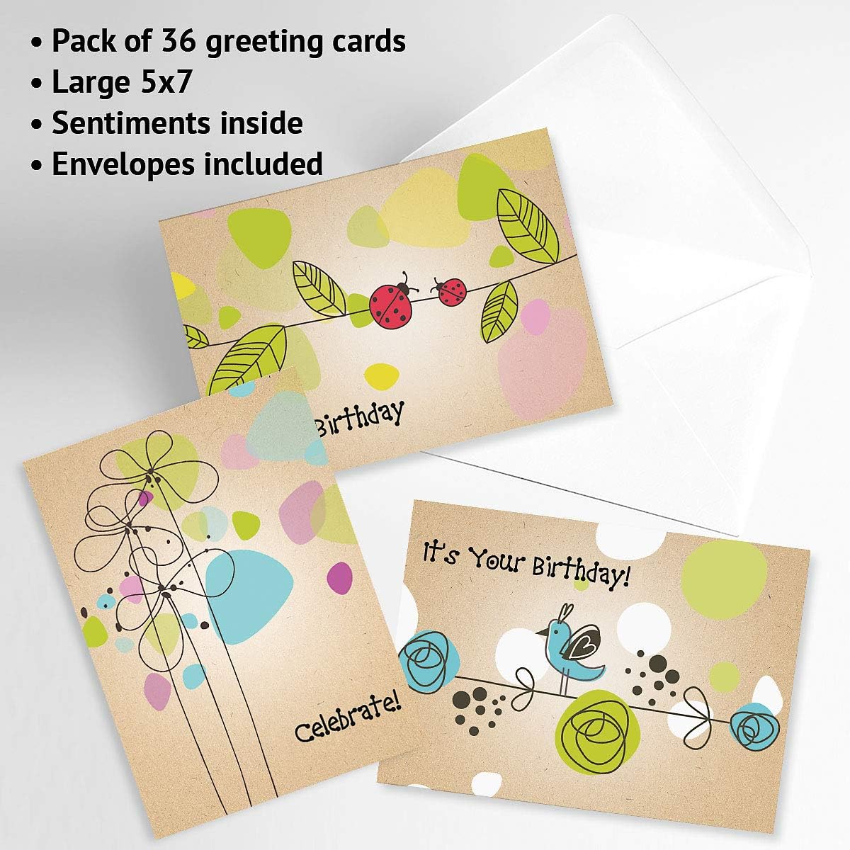 Current Kraft Blossoms Happy Birthday Greeting Card Set - Value Pack of 20 Cards With White Envelopes, 10 Designs, Large 5" x 7" Assortment
