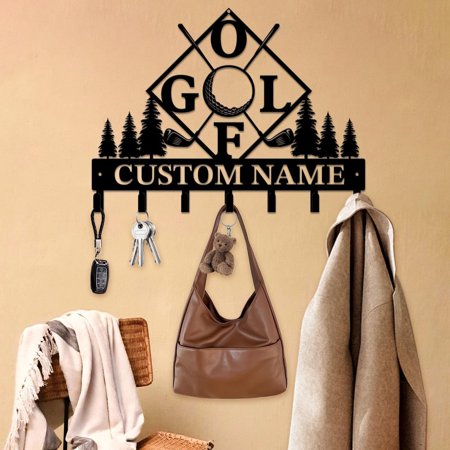 Personalized Custom Name Golf Ball Wall Keys Hooks,Metal Golf Art Clothes Hooks,Metal Golf Lover Wall Home Storage Decorative,For Front Door, Hallway, Kitchen, Bedroom,Keys,Hats (Style I)