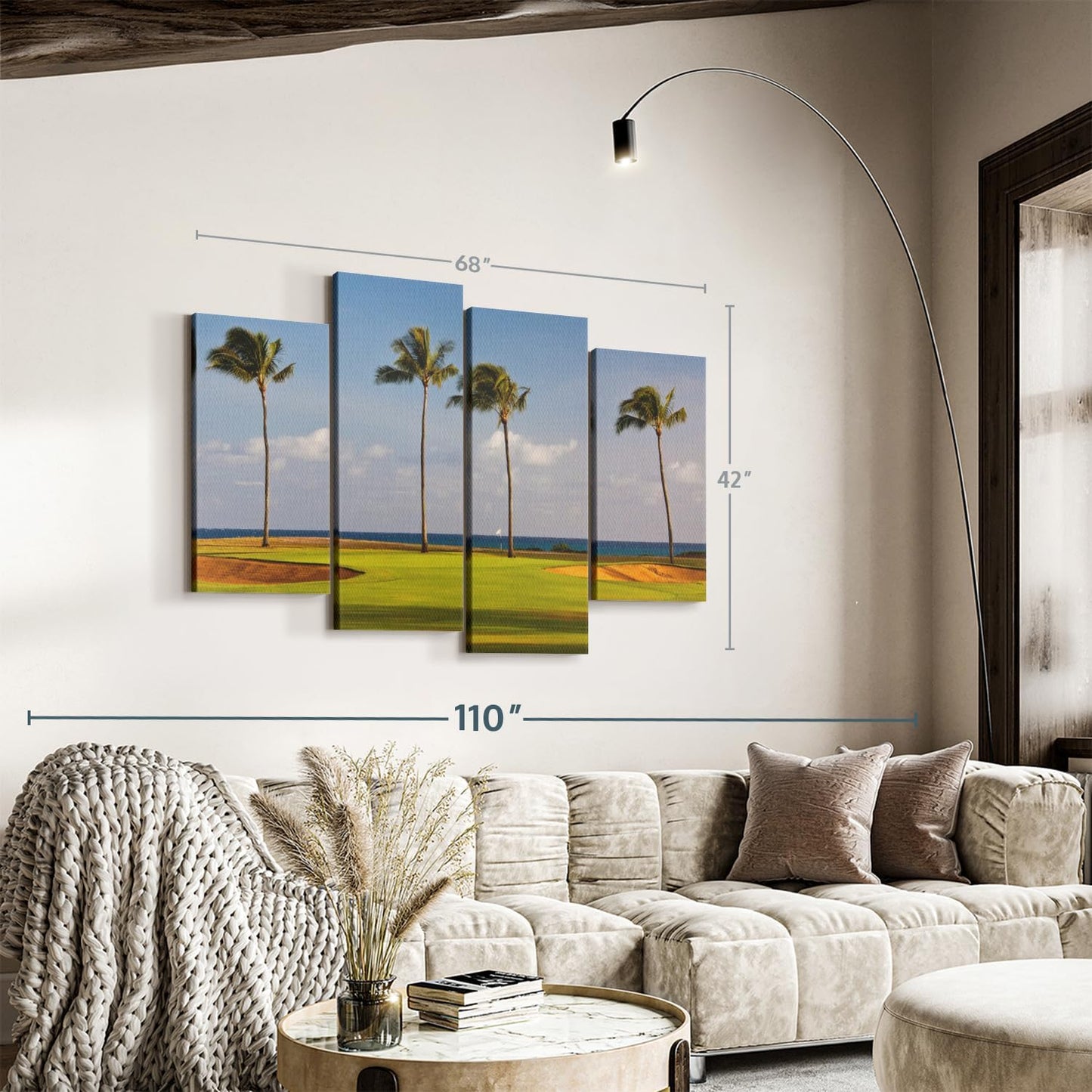 Elephant Stock Hawaiian Golf Course Wall Art - Horizontal Canvas - 4-Piece Living Room Wall Decor - Photography Sports Canvas Print - Green and Yellow Decor for Wall - 68" X 42"