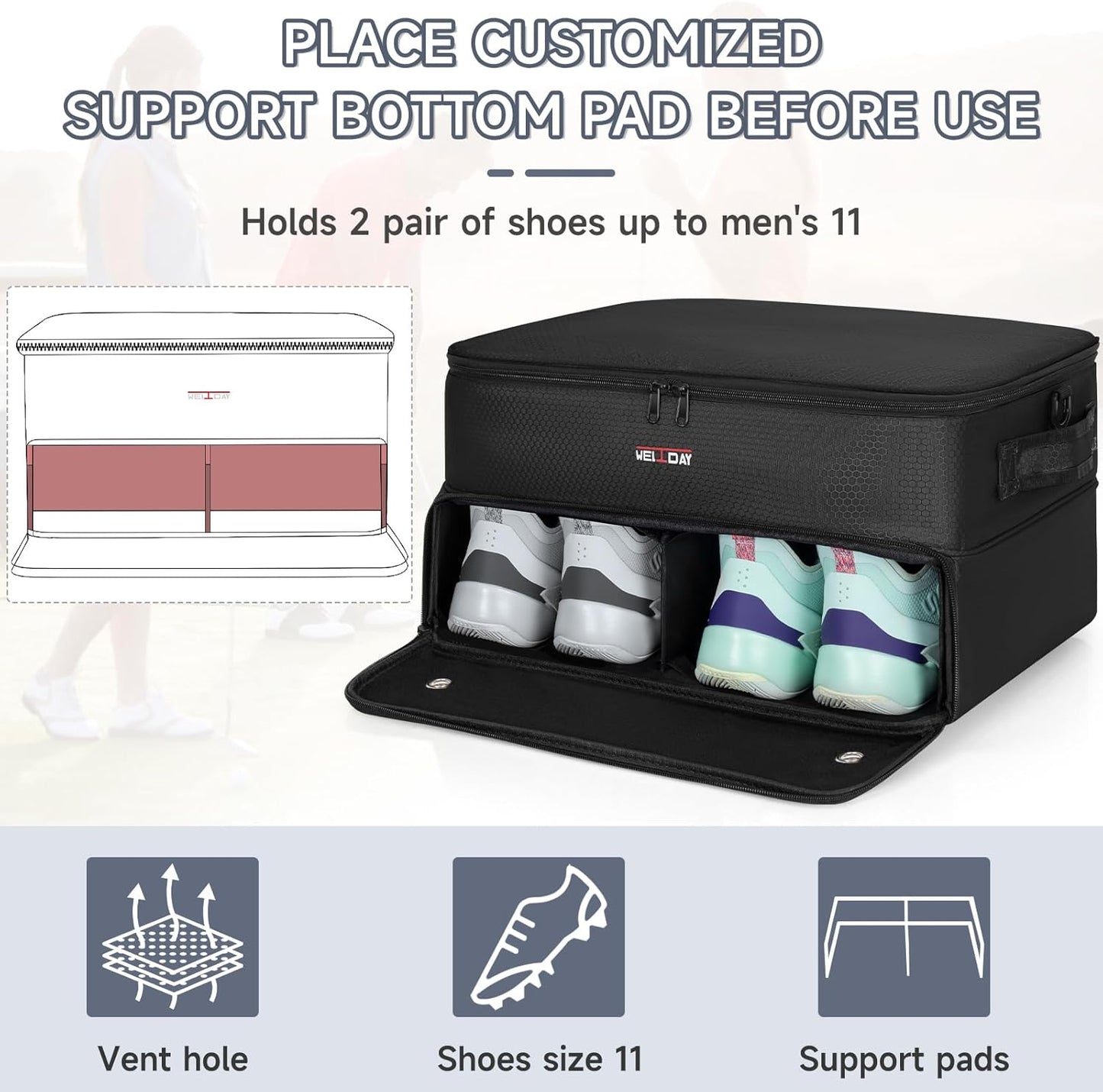 ANILD Golf Trunk Organizer, 2 Layer Golf Storage Case with Separate Ventilated Compartment for 2 Pair Shoes, for Balls, Tees, Clothes, Gloves, Accessories, Golfer Gifts