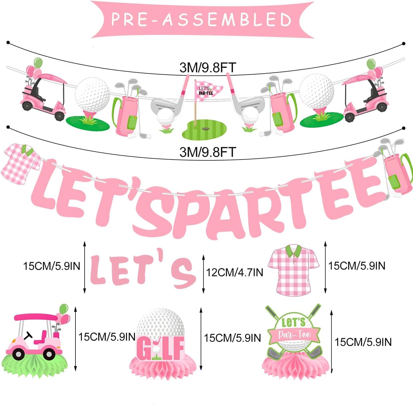 Golf Let's Par-Tee Banner Pink Golf Theme Birthday Party Decoration Hanging Swirls Pink Golf Honeycomb Centerpieces Golf Decor for Golf Lover Girls Sports Theme Party Golf Baby Shower Decoration