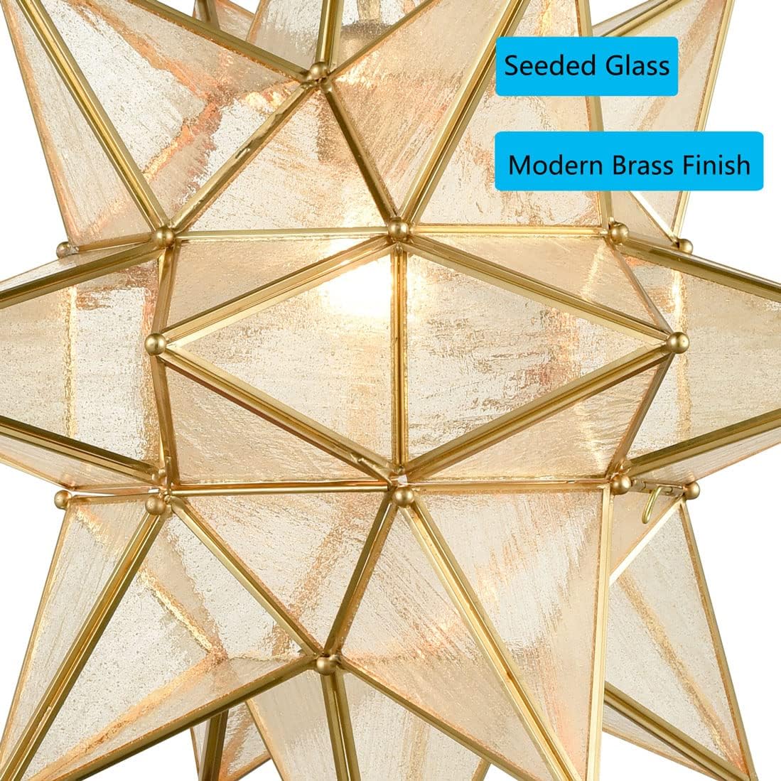 DIRYZON Moravian Star Pendant Light 20-Inch Large Hanging Ceiling Light Modern Gold Finish with Seeded Glass Adjustable Chain
