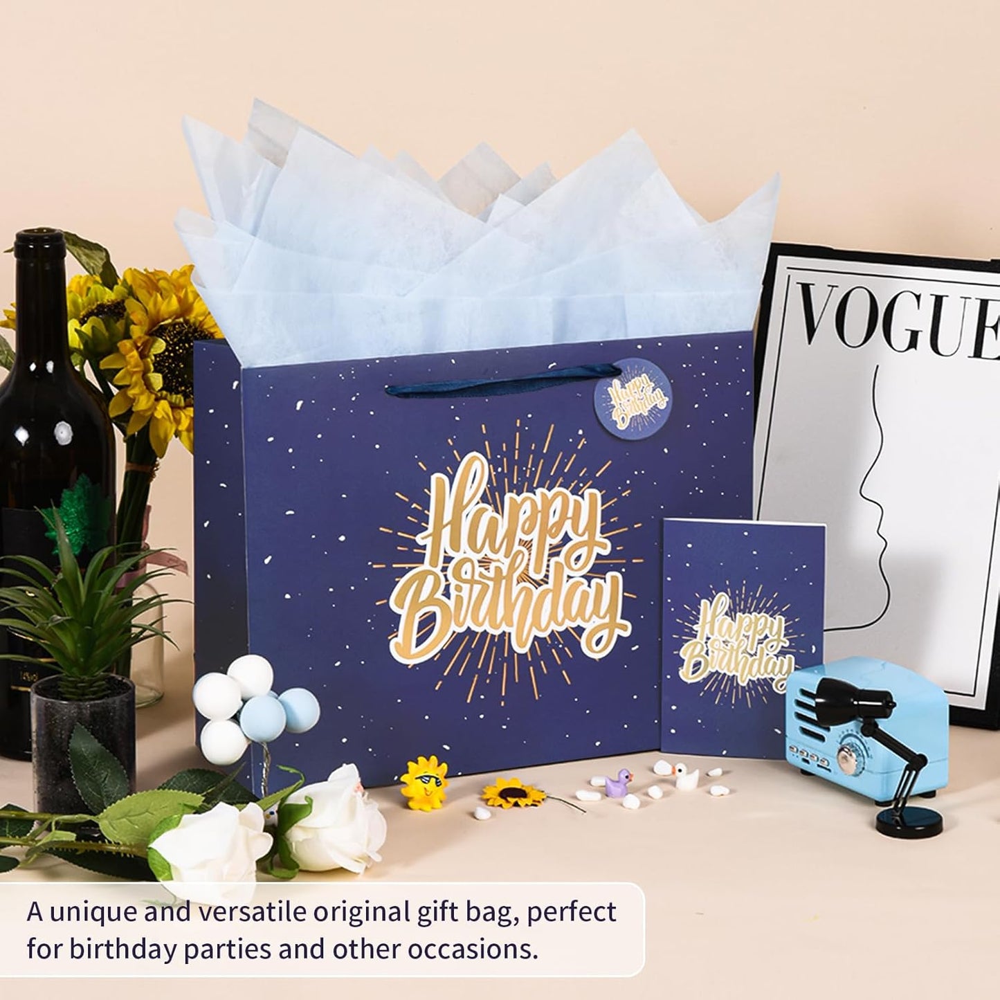 13" Blue Happy Birthday Gift Bag with Tissue Paper and Greeting Card for Party,Happy Birthday Gift Bag for Men Women, Gift Bags Medium size(2 PCS Blue)