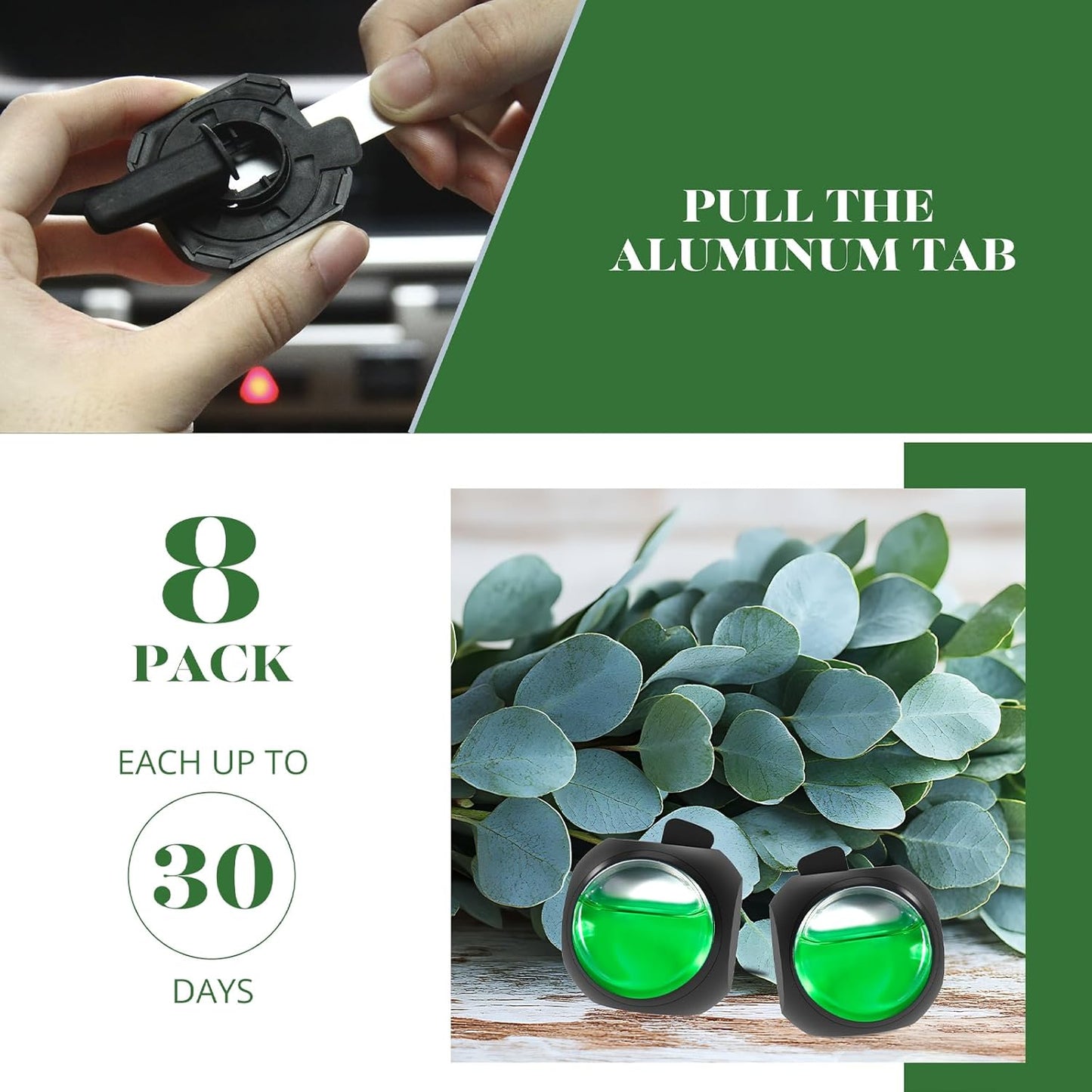 Car Air Freshener Vent Clips, 8 Pack, Provides Long-Lasting Scent, Up to 240 Days, Odor Eliminator (Eucalyptus)