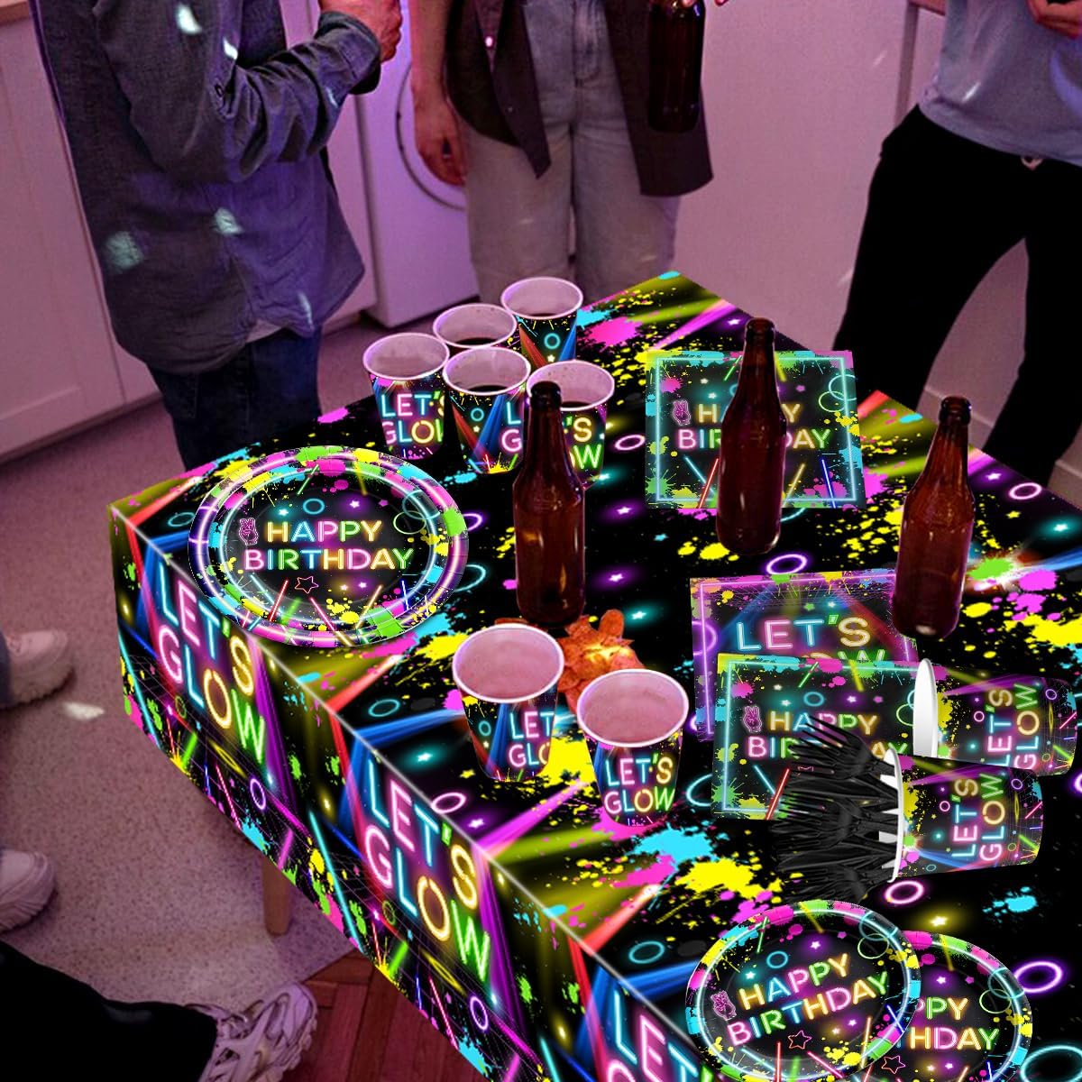 Neon Party Supplies,142Pcs Let Glow Party Decorations Including Disposable Paper Plates,Cups,Tablecloths, Glow in the Dark Theme Decoration for Birthday Baby Shower Party