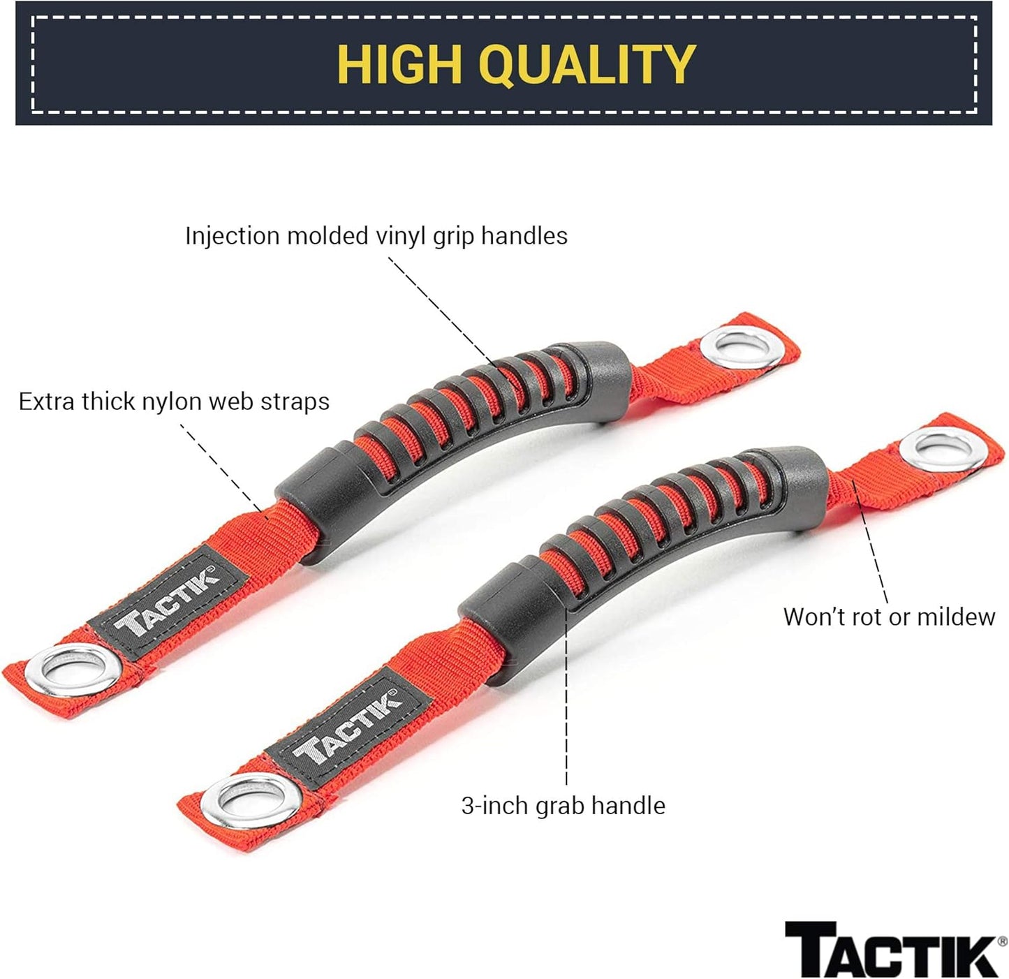 TACTIK 3-in-1 Tactical Grab Handle Pair, Red - Compatible with Jeep Wrangler JK 2007 to 2018 - Install in Windshield Corners, Sport Bars, and Front Headrest Posts - Nylon with Vinyl Grips