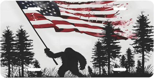 Flag Bigfoot Forest License Plate Funny Aluminum Front License Plates Decorative Waterproof Rust-Free Metal Car Plate Covers for Women Men Car Tag Accessories fit Truck SUV Rv 12 X 6 Inch