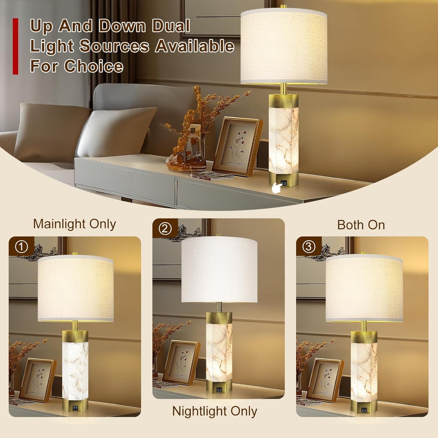 Natural Alabaster Table Lamps Set of 2,Table Lamp with Night Light for Living Room,Nightstand Lamp with USB Ports,Bedside Lamp with Linen Fabric Shade for Bedroom,Living Room,Office,Bar(Bulb Included)