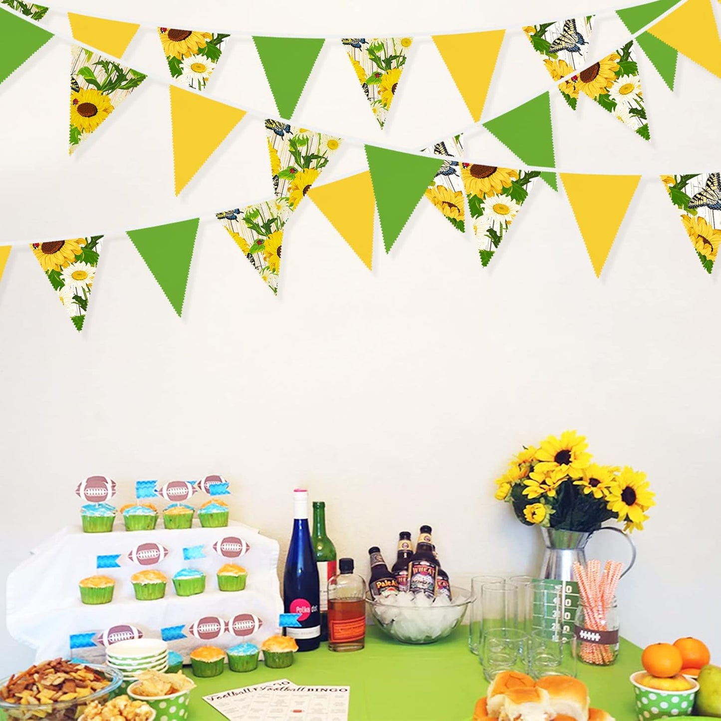 32Ft Yellow Green Pennant Banner Fabric Sunflower Butterfly Triangle Flag Bunting Garland for Spring Summer Party Decorations Birthday Wedding Baby Shower Tea Party Outdoor Garden Hanging Decorations