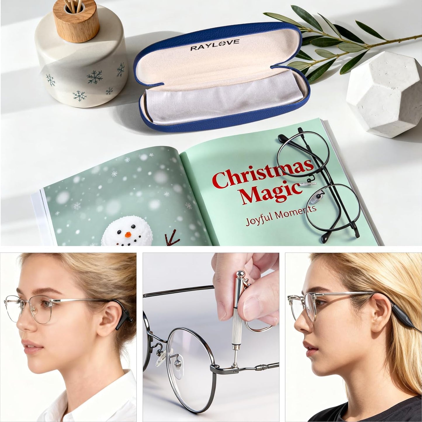 RayLove Glasses Case, Unisex Hard Shell Eyeglass Case, PU Leather Protective Hard Eye Glasses Cases with Eyewear Accessories