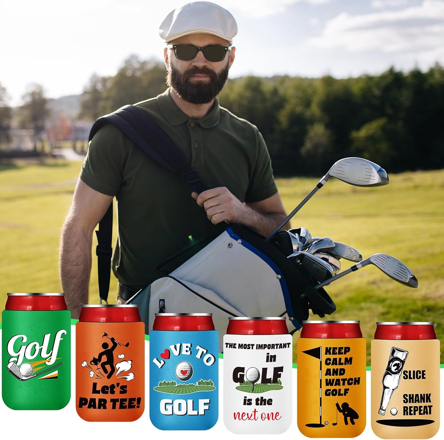Domensi 16 Pcs Golf Gifts Funny Golf Party Themed Can Cooler Insulated Can Sleeve Bulk Golf Party Supplies for Golfer Game Outdoor Activities Decorations, 12 oz Can (Vibrant)