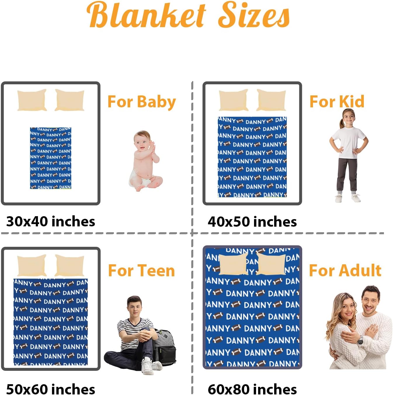 Custom Name Football Blanket - Personalized Names Soft Plush Flannel Throw Blankets for Baby Kids Teen Boys Girls Holidays Birthdays Gifts Color17