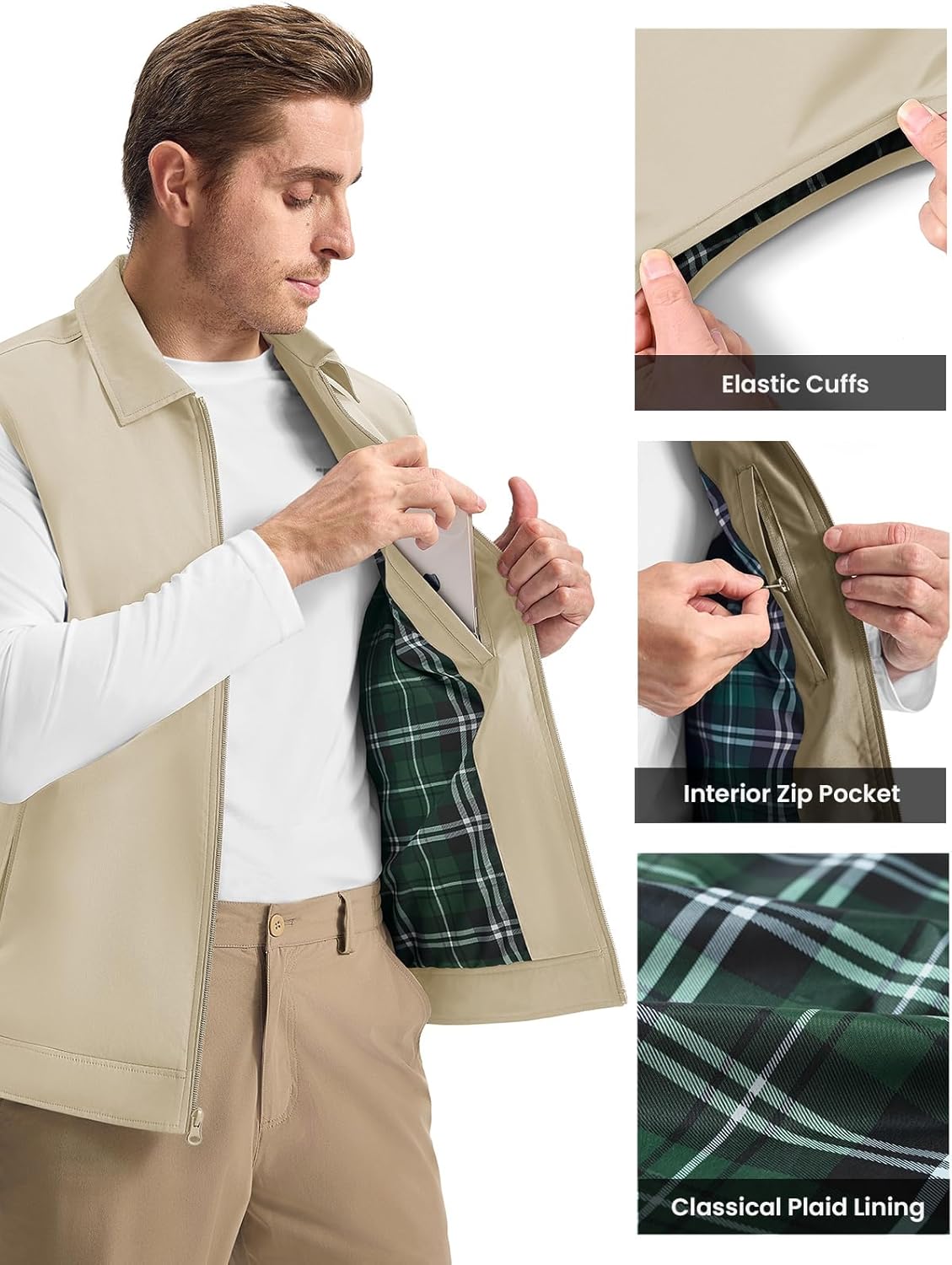 Rdruko Men's Golf Vest Lightweight Outerwear Windproof Water Resistant Grid Lining Vest with Zipper Pockets for Casual