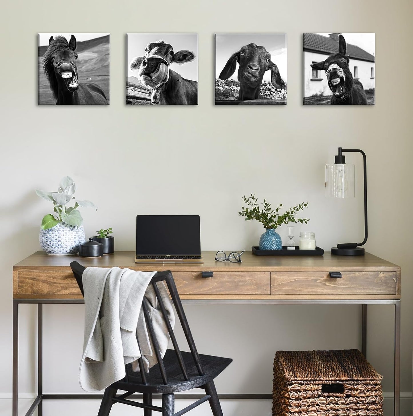 Black and White Wall Art Animal Wall Decor Horse Donkey Sheep Cow Canvas Pictures Prints Funny Decor Posters for Mens Bedroom Office Farmhouse Decoration Stretched Framed Ready to Hang 12×12 inch×4