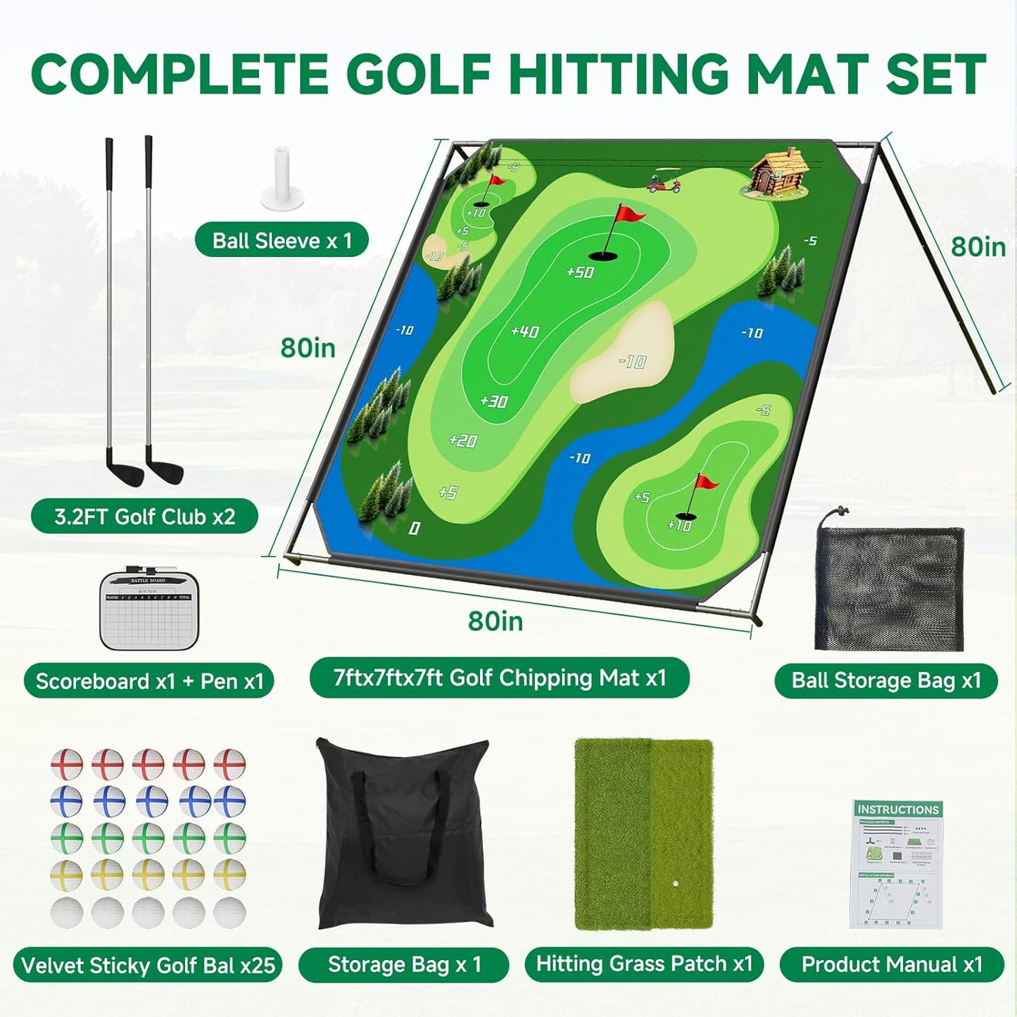 Golf Chipping Game with Stand, Golf Target Battle Game with 80"x80"/59"x59" Hitting Mat, Portable Golf Practice with 25 Sticky Balls for Adults, Outdoor Indoor Backyard Christmas Ideal Gift for Kids