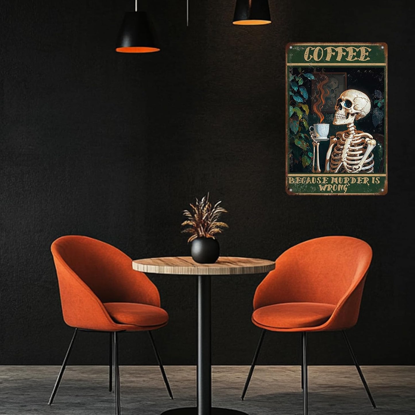 Vintage Coffee Skull Tin Sign Skeleton Old Fashioned Because Murder Is Wrong Metal Tin Sign Poster 12x8 Inch Home Restaurant Coffee Shop Wall Decor