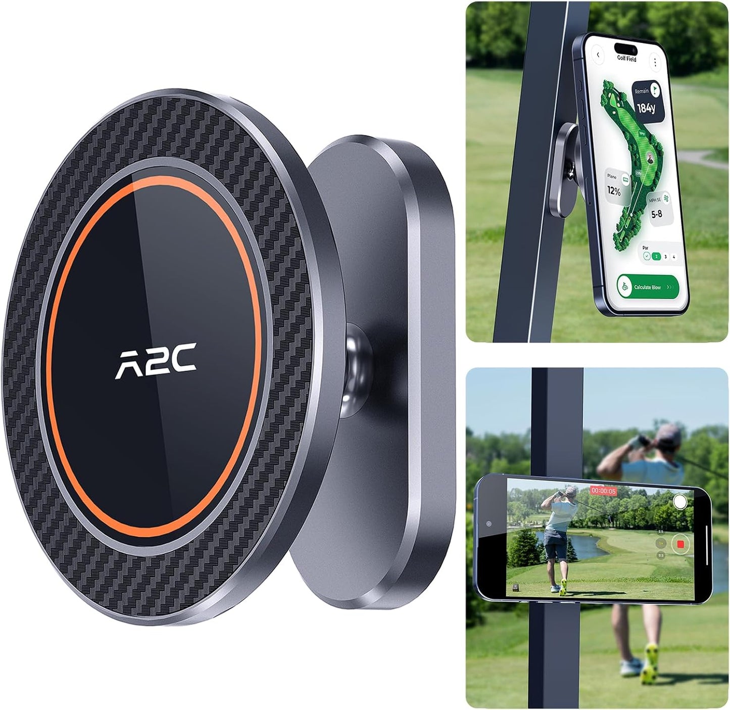 A2C Alloy Magnetic Golf Cart Phone Holder Compatible With MagSafe iPhone 17 Pro Max Air 16 Plus 15 14 13 12 Mini Fits EZGO, Club Car, Yamaha, Golf Cart Accessories Essentials Gift for Friend Men Women