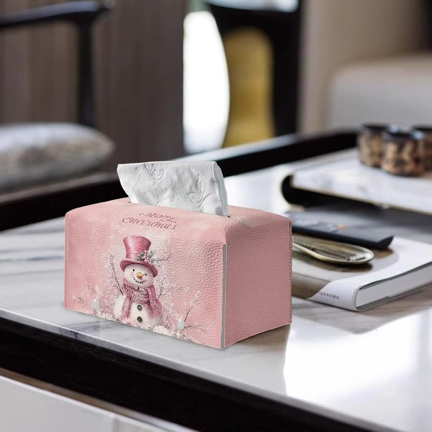 Snowman Rectangle Tissue Box Cover PU Leather Tissue Box Cover Modern Home Decor Cute Tissue Box for Kids Room Bathroom Accessories 9x5x5