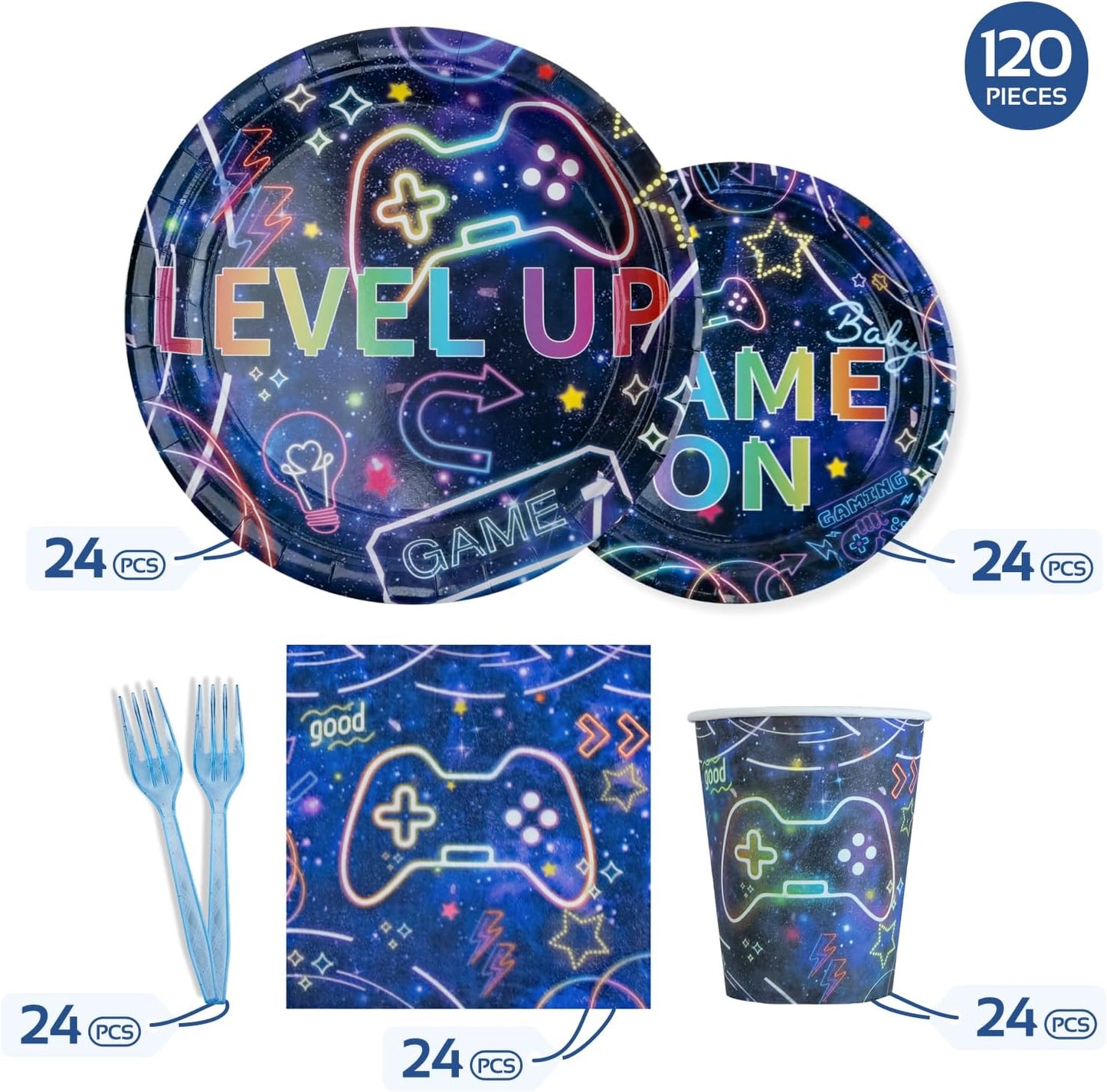 Video Game Birthday Party Decorations | Serve 24 - Game Party Tableware Includes Plates, Napkins, Cups, Forks, Supplies for Boys Gaming