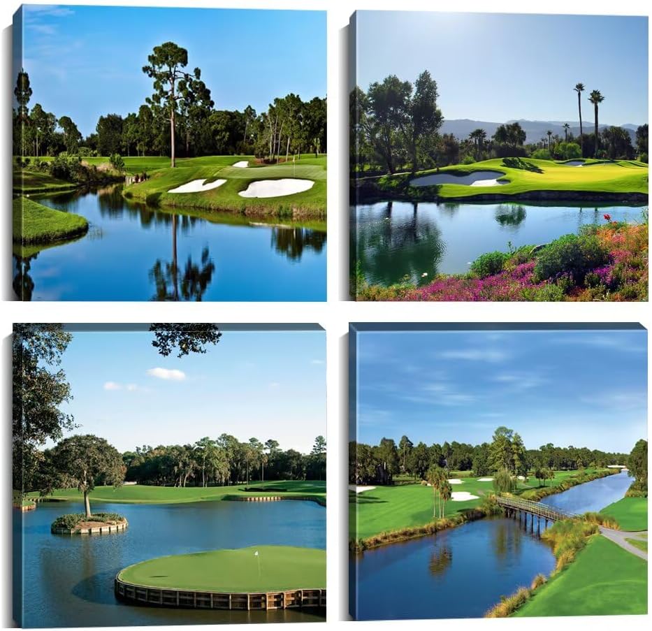 Pankila USA California Golf Course Wall Art Golf Club Canvas Wall Decor Blue Green Abstract Painting Pictures Poster for Home Decor Living Room Bedroom Bathroom Office Artwork (24''W x 24''H x4)