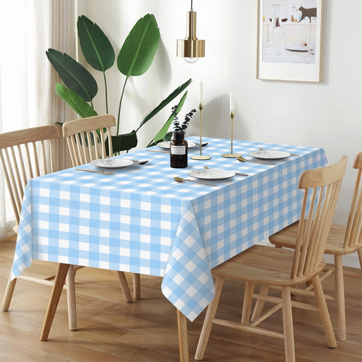 QIKSION Blue Gingham Tablecloth Disposable 6 Pack, 54 x 108 Inch Blue and White Checkered Table Cloth for Rectangle Tables, Plastic Table Cover