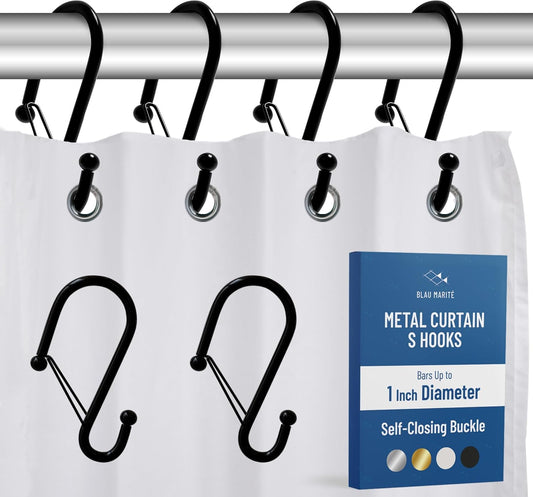 Set of 12 Black Metal S Hook Shower Hooks 1” – Closed, Heavy Duty, Long Decorative Shower Curtain Hooks, Easy Glide, Buckle, Large Rust Resistant Rings for Bathroom Rods (Black, S)