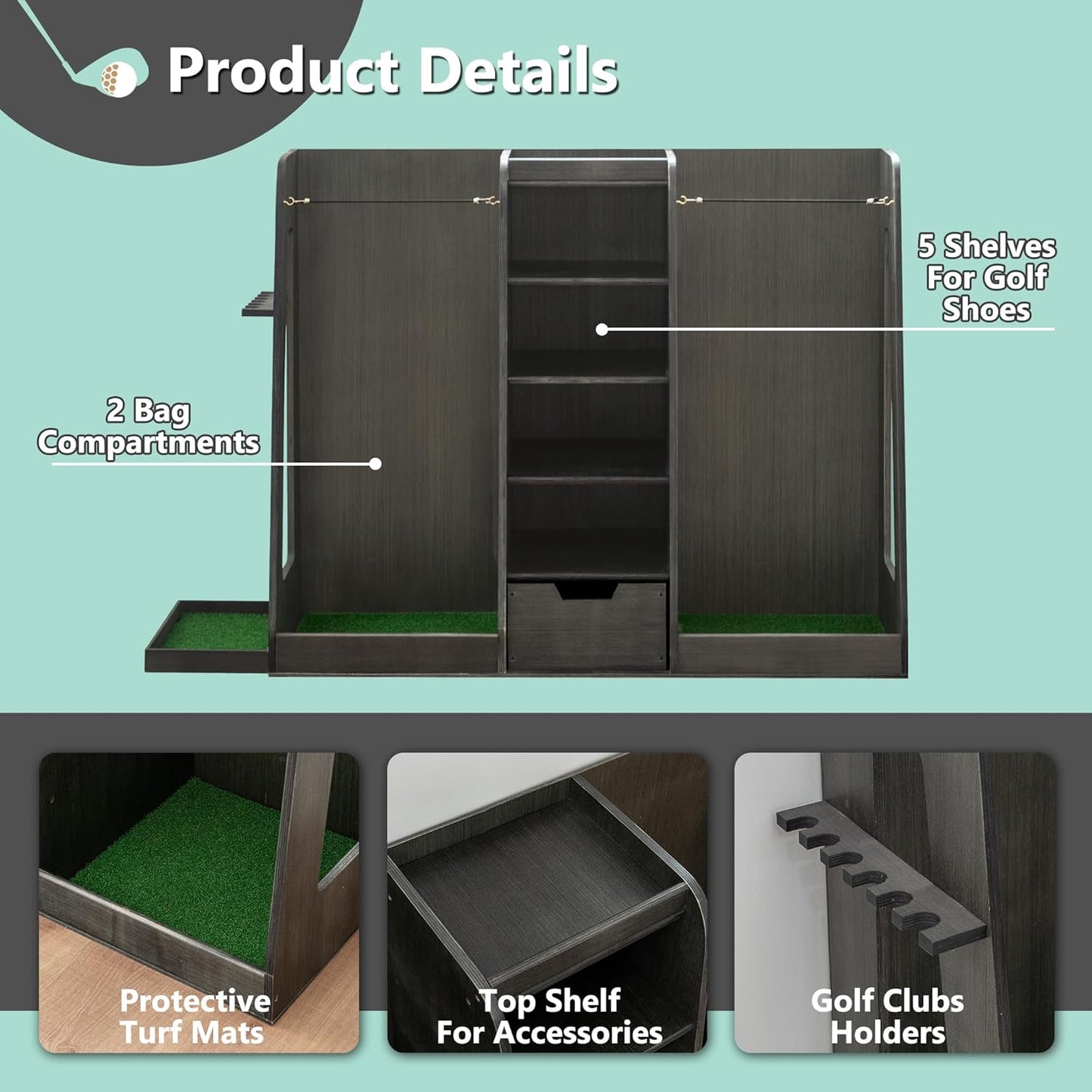 Wooden Golf Bag Organizer and Storage Rack, Wooden 2 Golf Bag Rack with Drawers, Easy to Assemble Golf Club Holder/Stand with Club Holders on Side
