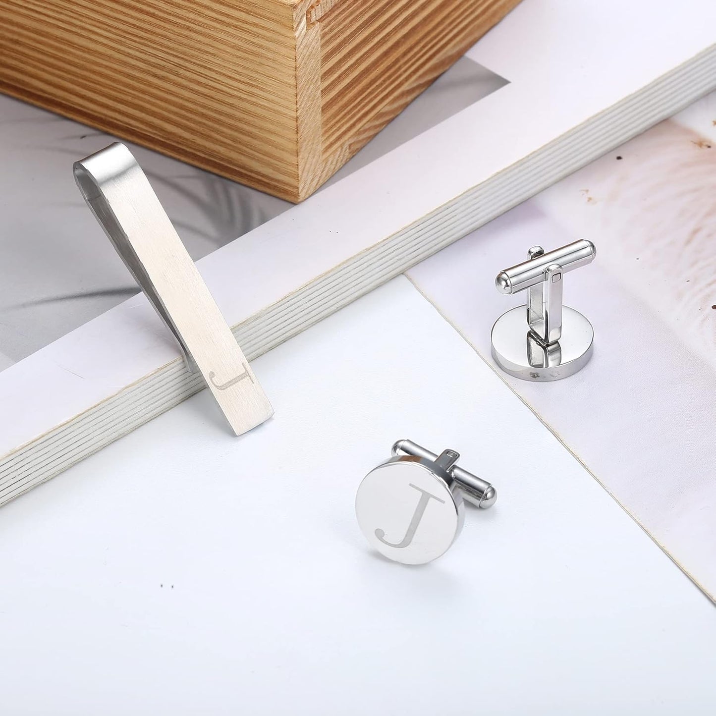 LOYALLOOK Stainless Steel Engraved Initial Cufflinks and Tie Clip Bar Set Alphabet Letter With Gift Box A-Z