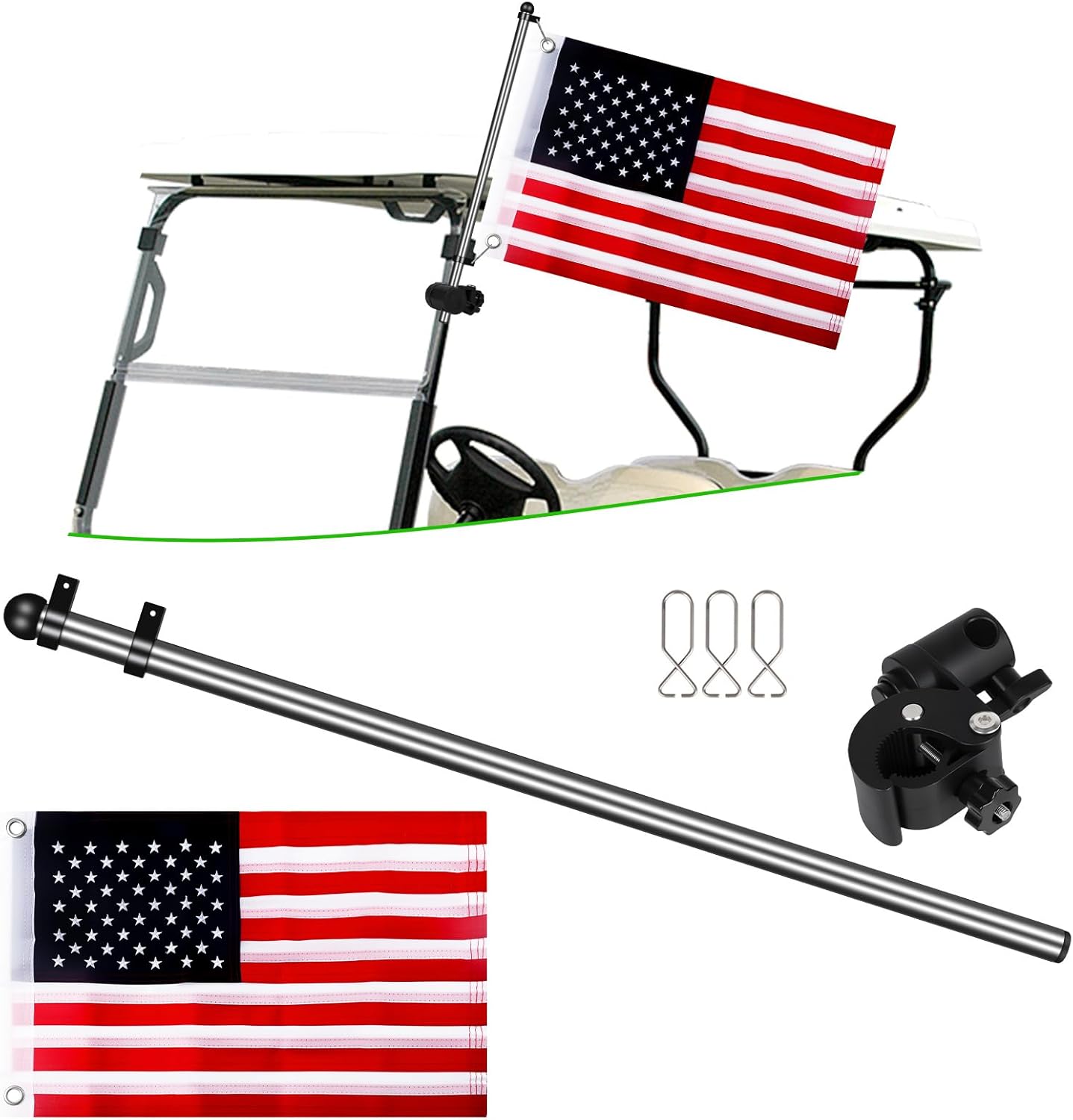 Golf Cart Adjustable Flag Holder, Universal Flagpole for EZGO Club Car Yamaha, Flag Bracket for 0.59-1.18" Round/Oval Square Rails Push Cart, UTV, ATV, Included USA Flags (12"×18")