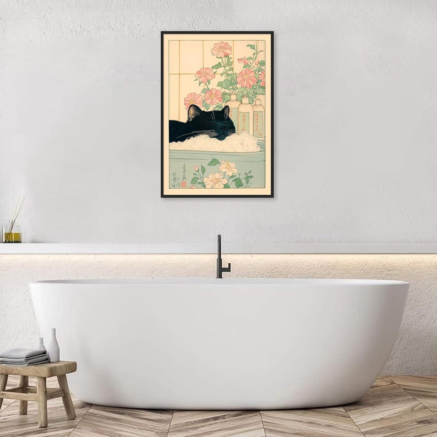 Vintage Black Cat in The Bathtub Posters Funny Bathroom Wall Art Cute Animal Lover Canvas Prints Japanese Aesthetic Neutral Minimalist Wall Decor for Restroom Toilet 16x24in Framed