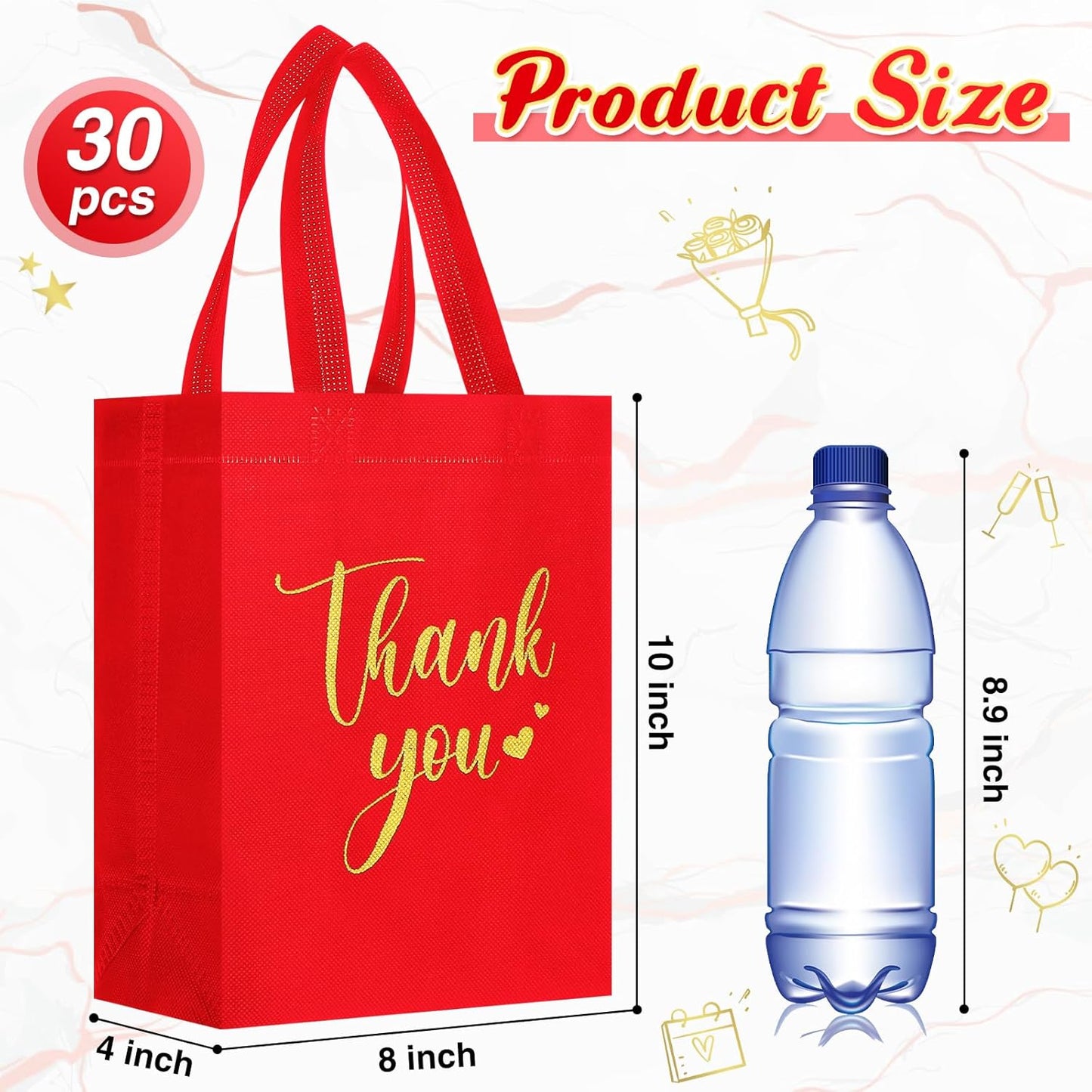 Sweetude 30 Pcs Thank You Gift Bags with Handles Bulk Reusable Goodie Bag Non Woven Foldable Handbag for Graduation Wedding Bridesmaid Gifts(10 x 8 x 4 Inch,Vermilion)