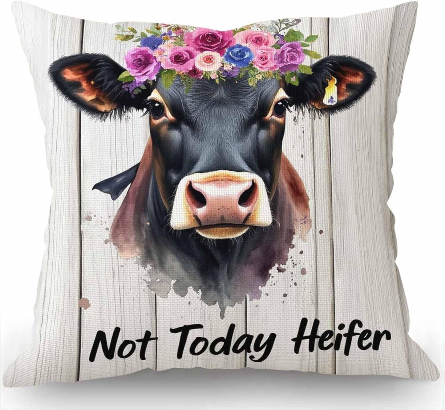 Funny Quote Decorative Throw Pillow Cover Case, Watercolor Flower Cow Pillow Cover, Not Today Heifer Cotton Linen Outdoor Pillow Cases Square Standard Cushion Covers for Sofa Couch Bed Car 18x18 inch