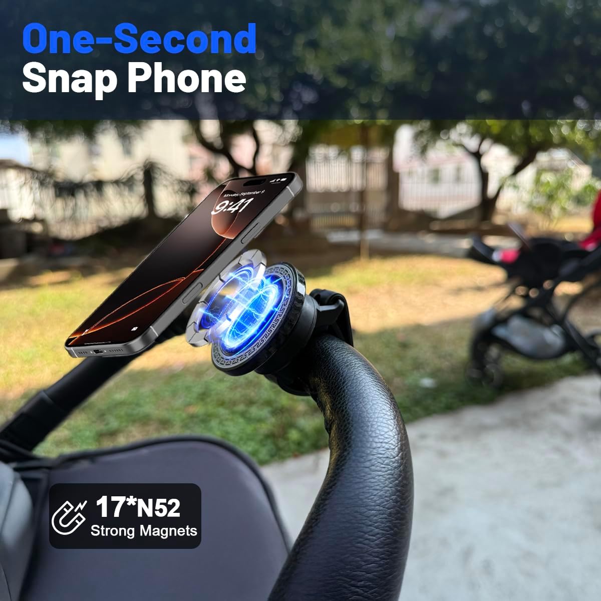 Magnetic Golf Push Cart Phone Holder with Secure Strap,Stroller Phone Holder for MagSafe iPhone 17 16 15 14 13 12 Pro Max Plus-Strong Magnet Handlebar Mount for Treadmill,Shopping Cart,Peloton Bike