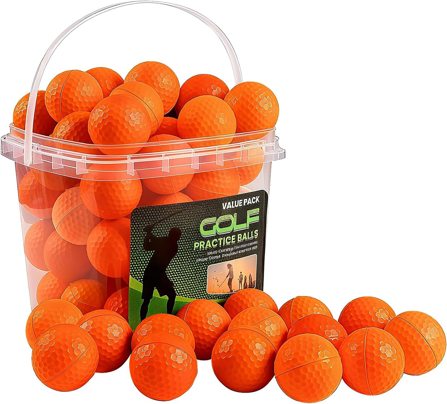 FINGER TEN Golf Practice Balls with Bucket Value 50 Pack, Soft Foam with Limited Flight for Safe Practice, Orange Yellow Pink Bright Colors for Indoor Outdoor Backyard Pool Use