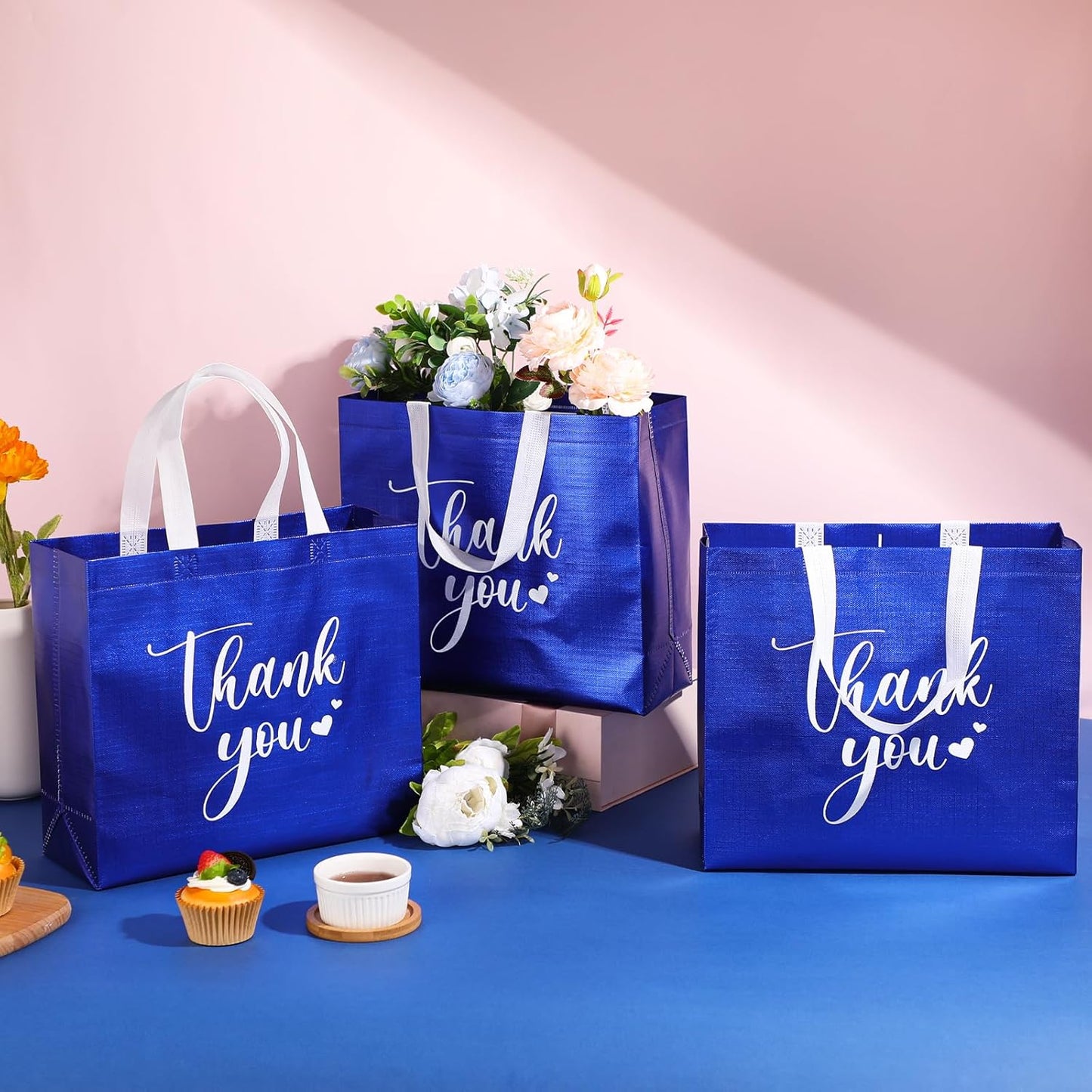 Sweetude 30 Pcs Thank You Gift Bags with Handles Bulk Reusable Goodie Bag Non Woven Foldable Handbag for Graduation Wedding Bridesmaid Gifts(11 x 12 x 5 Inch,Royal Blue)