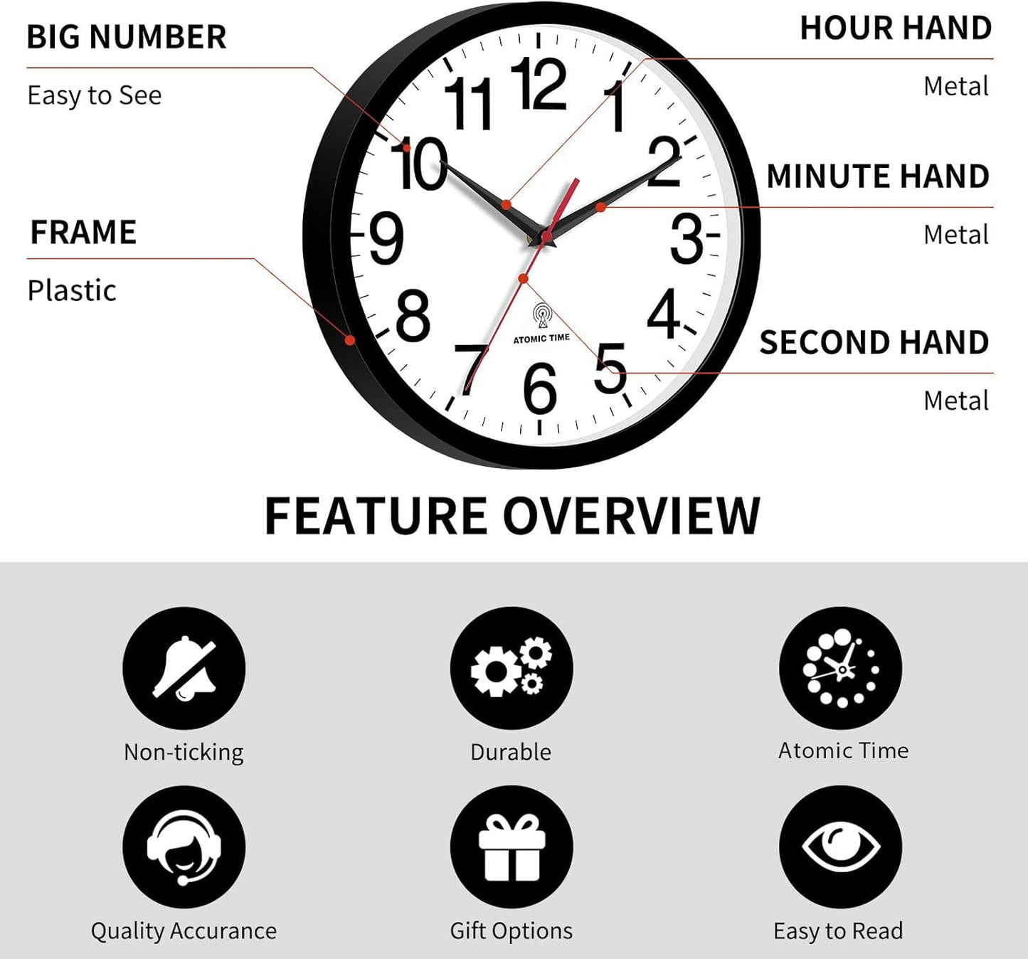 Atomic Wall Clock, Modern 14 Inch Battery Operated Wall Clocks, Analog Clock for Living Room, Office, Home, Bedroom, Kitchen, Bathroom(Black)