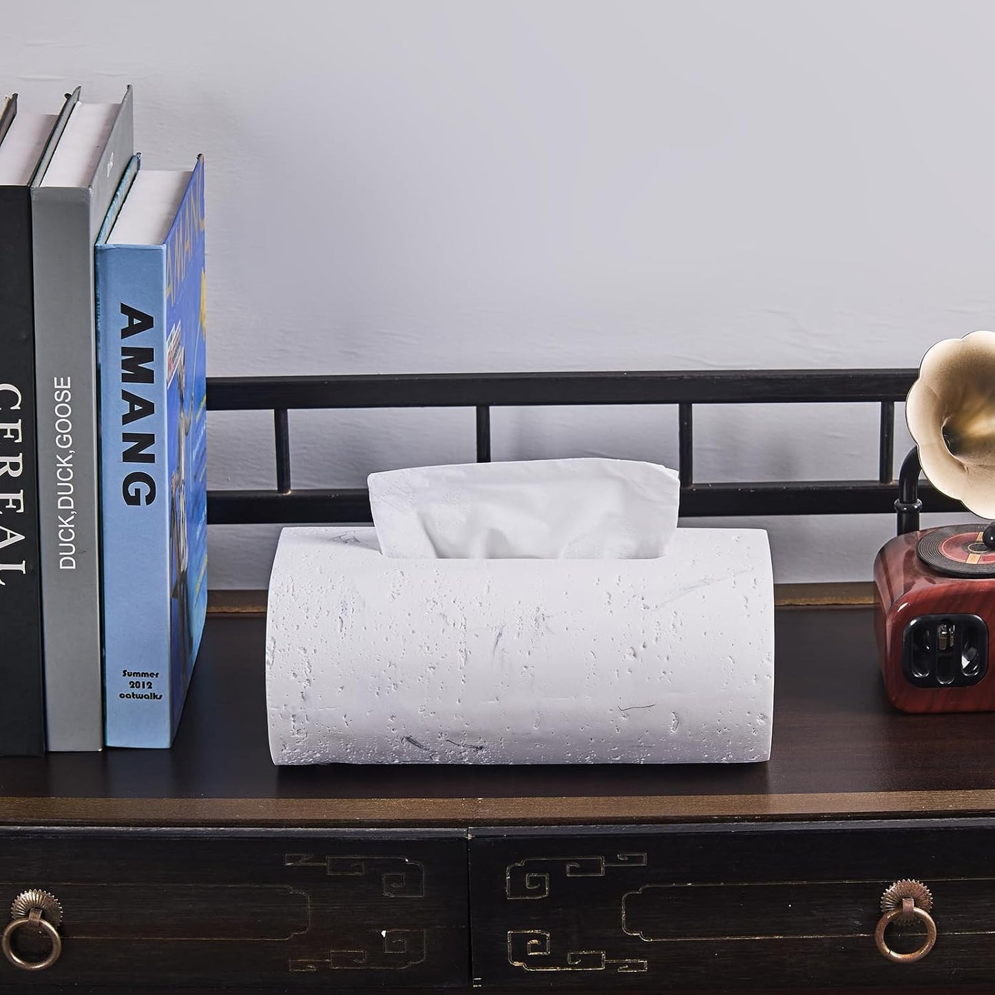 Natural Travertine Textures Tissue Box Holder Rectangle, Resin Facial Tissue Holder Cover, Decorative Bulk Tissue Paper Dispenser for Bathroom Kitchen Bedroom Living Room Office (White)