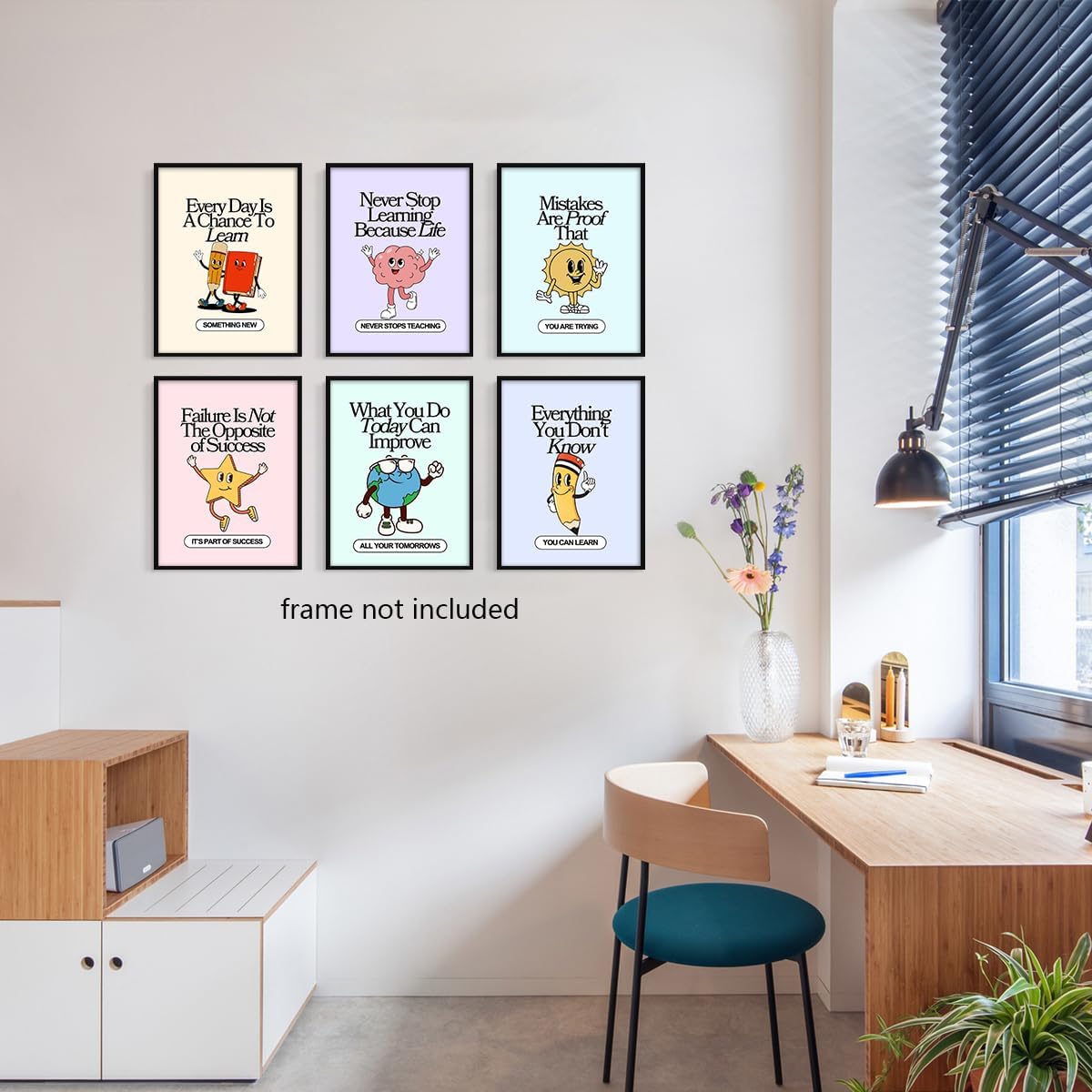 Set of 6 Colorful Growth Mindset Posters, Retro Inspirational Classroom Poster, Motivation Growth Mindset Wall Art for Classroom, Educational Poster for Teachers Bulletin Board 12x16in Unframed