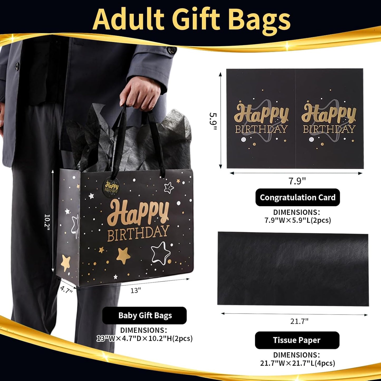 13" Black Happy Birthday Gift Bag with Tissue Paper and Greeting Card for Party,Happy Birthday Gift Bag for Men Women,Gift Bags Medium size(2 PCS Black Hot Stamping)