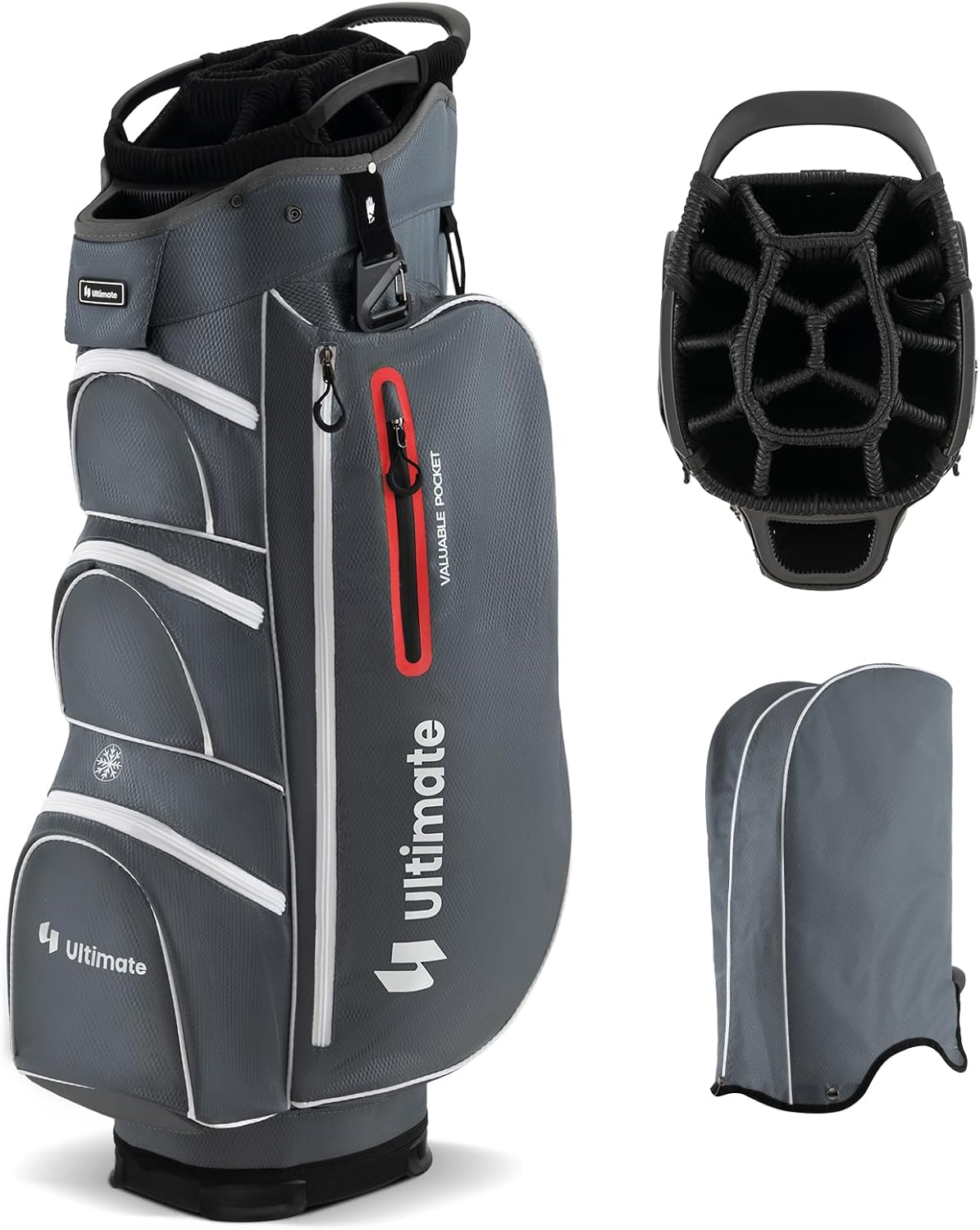 ULTIMATE Golf Cart Bag w/ 15-Way Top Dividers, Lightweight Portable Golf Club Bag w/Individual Putter Holder, 7 Pockets, Cooler Bag, Rain Hood, Umbrella Holder, Padded Shoulder Strap & Handle