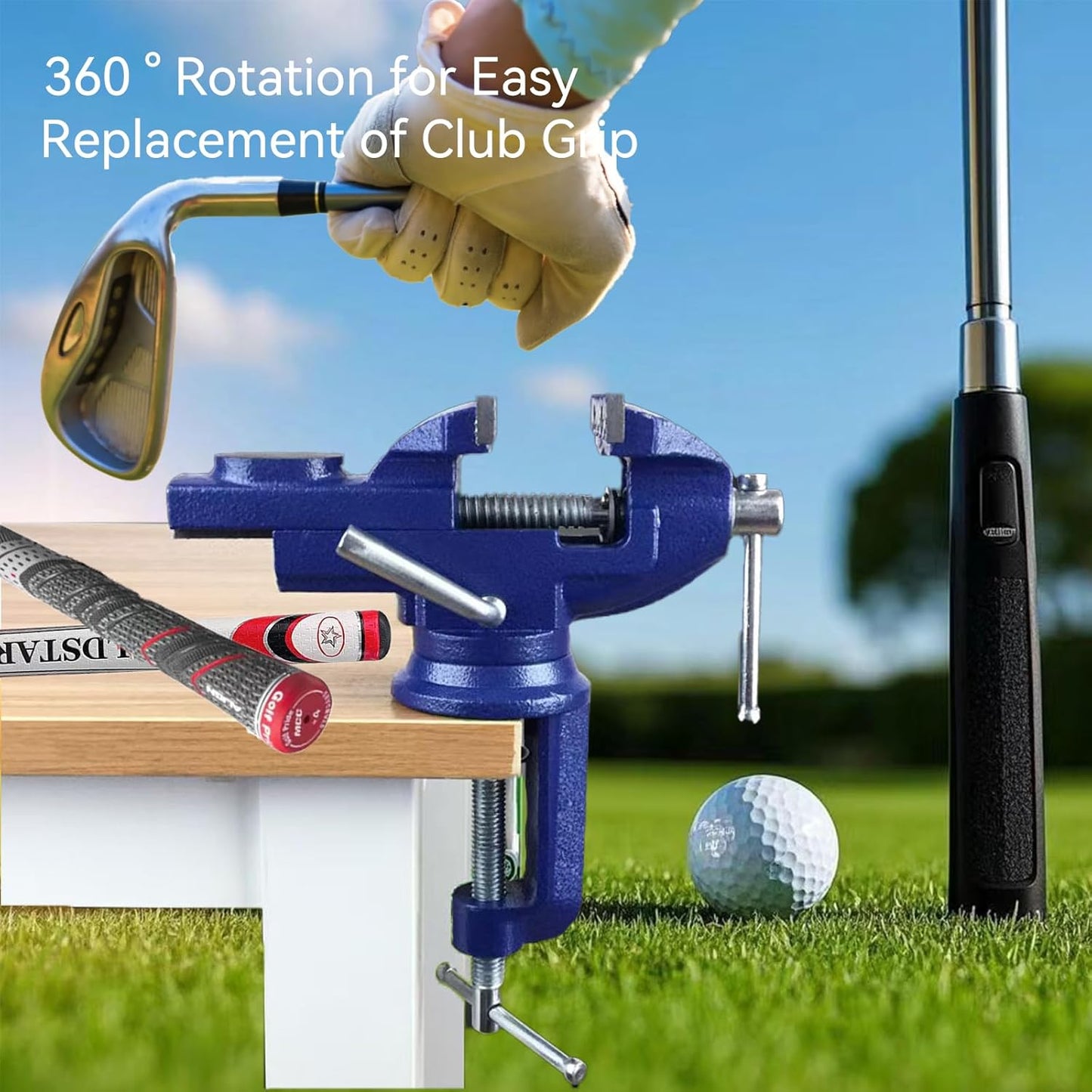 Golf Club Grip Kit, Golf Grip Removal Tool-Inlcudes Golf Grip Vise Clamp, 15 Pcs of Double-Sided Tape, Hook Knife for Regripping Golf Grips, Tape Stripping Tool