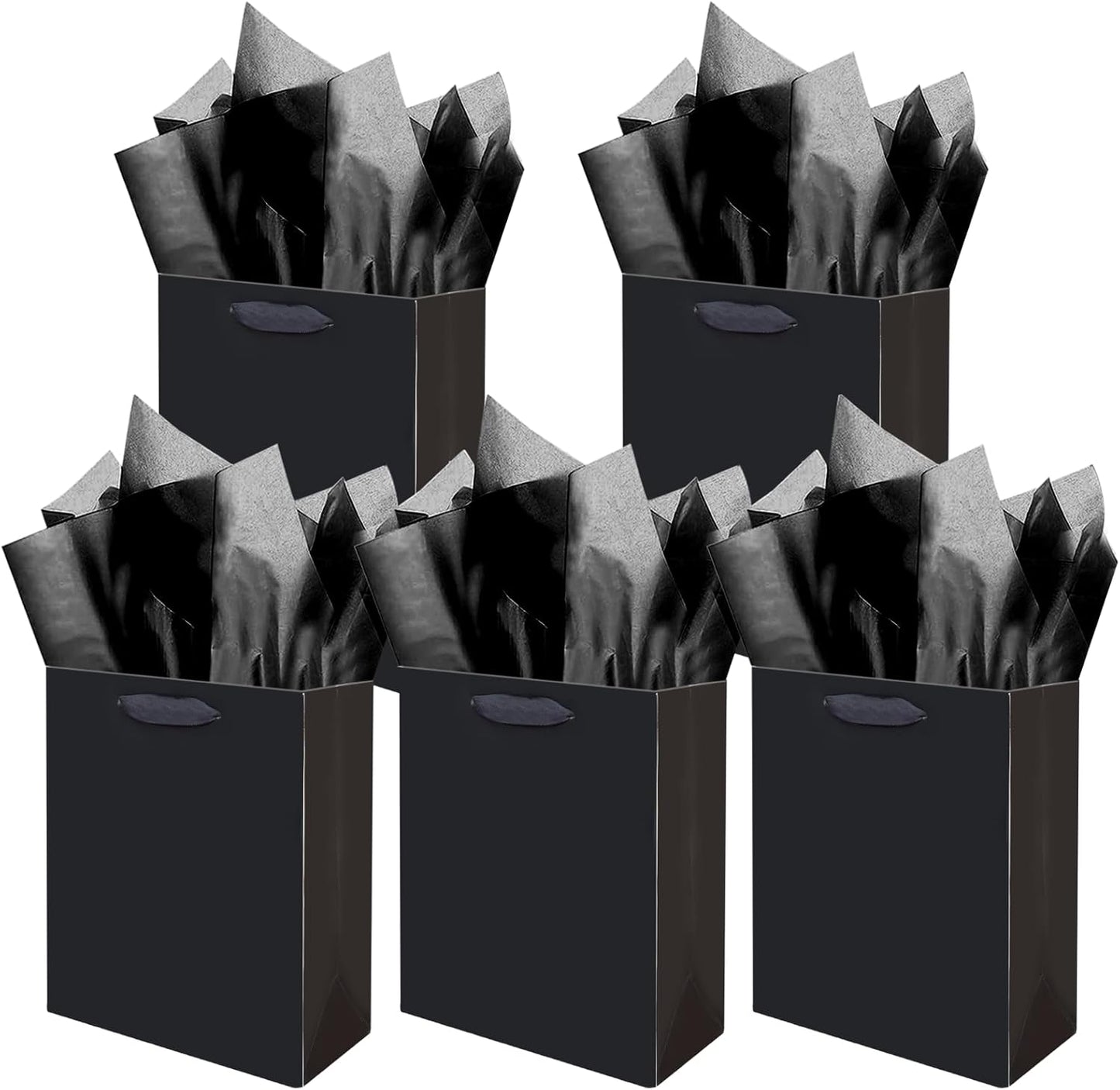 Gcardist Deep Black Gift Bags with Tissue Paper for Wedding, Birthday, Party Supplies-7.9"x4.3"x9.6" Medium Size Cardboard Gift Bags（5pcs Bags +10pcs Tissue Paper ）