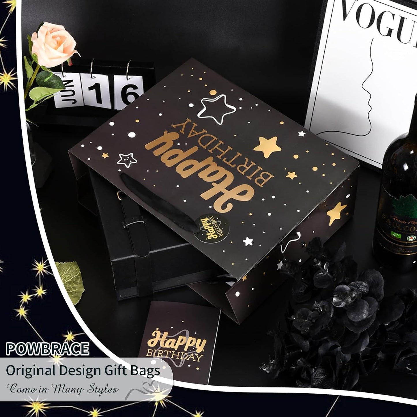 13" Black Happy Birthday Gift Bag with Tissue Paper and Greeting Card for Party,Happy Birthday Gift Bag for Men Women,Gift Bags Medium size(5 PCS Black Hot Stamping)