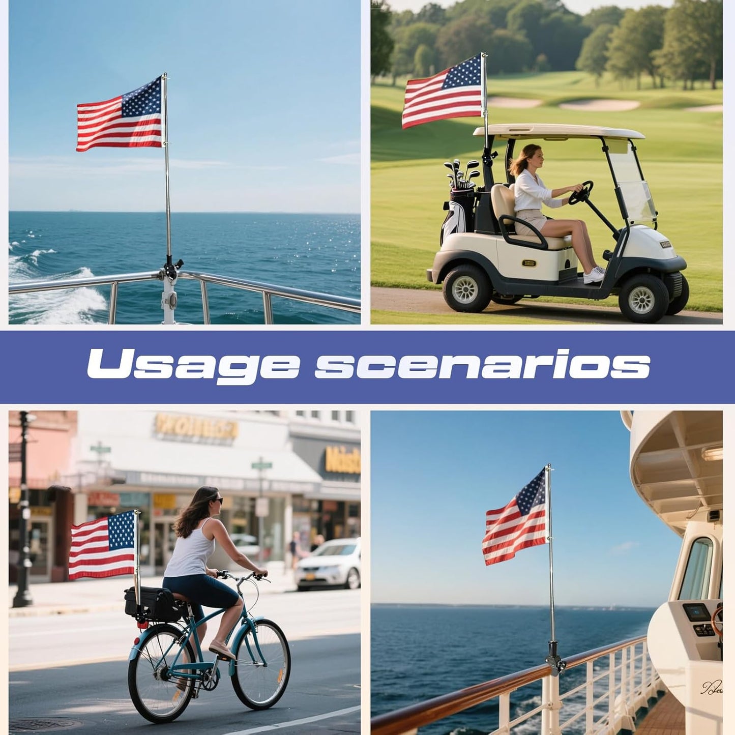 JRED Small American Flag Pole Kit, Retractable Boat Flagpole Holder 12x18 US Flags for Outside, USA Embroidered Stars 2 Brass Grommets for Motorcycle, Golf Cart, Bicycle, Yacht